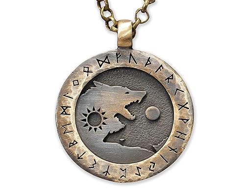 Small Brass Viking Wolf Yin Yang Necklace With Full Set of Runes For Men and Women - Wolves Fenrir Geri Freki Skoll Hati - Viking Norse Protection