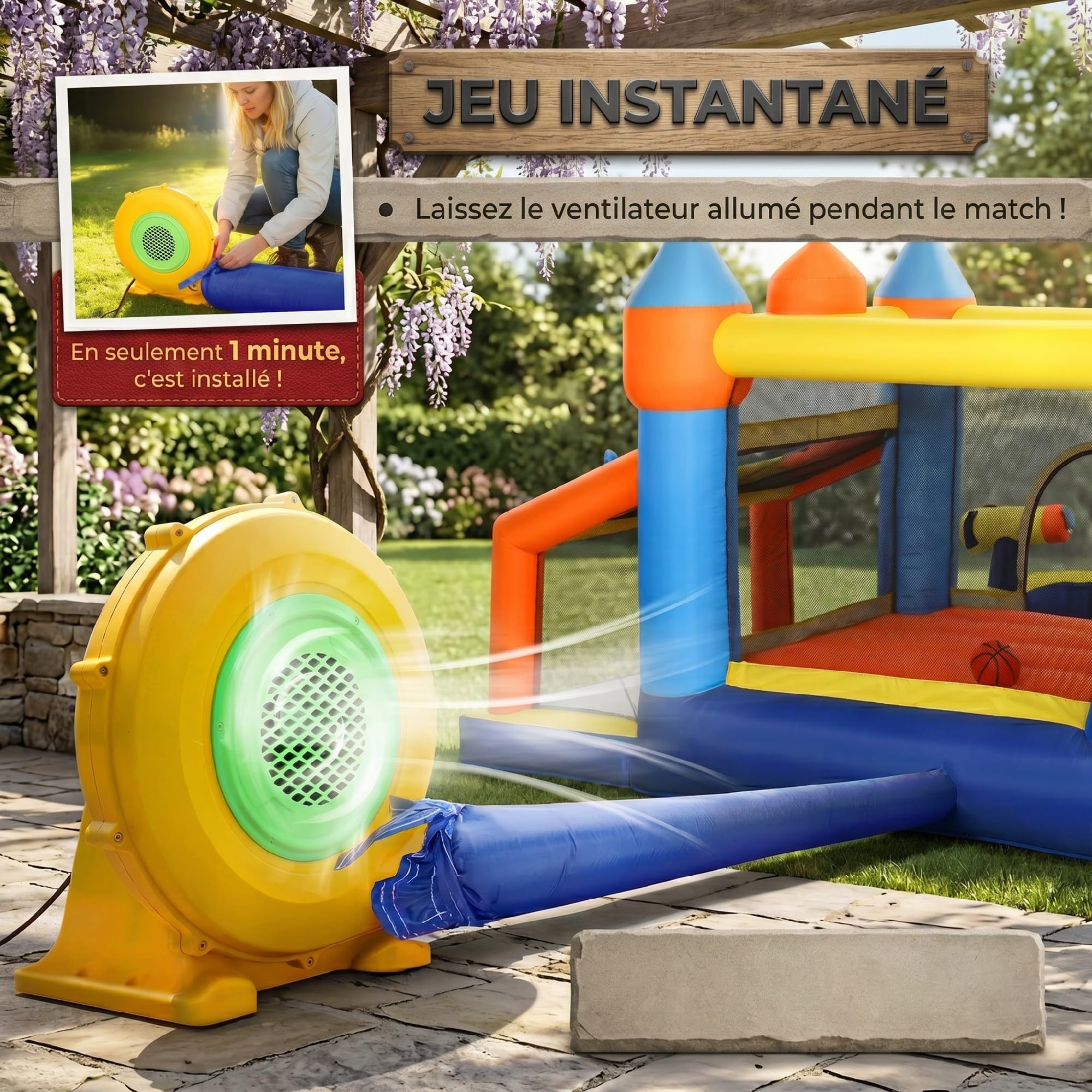 AIYAPLAY Château Gonflable avec souffleur 8 en 1 Parc Aquatique avec Toboggan, Trampoline, Piscine à balles, But de Football, Mur d'escalade, Panier de Basket, Jeu d'anneaux 350x325x210cm