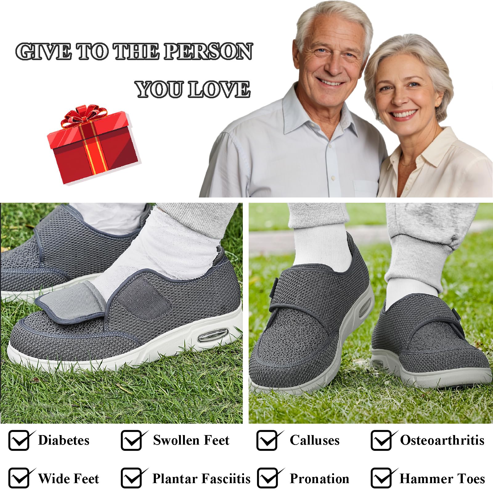 Buty do chodzenia dla cukrzyków, dla mężczyzn i kobiet, bardzo szerokie, antypoślizgowe, oddychające, wygodne, dla seniorów, opuchniętych stóp