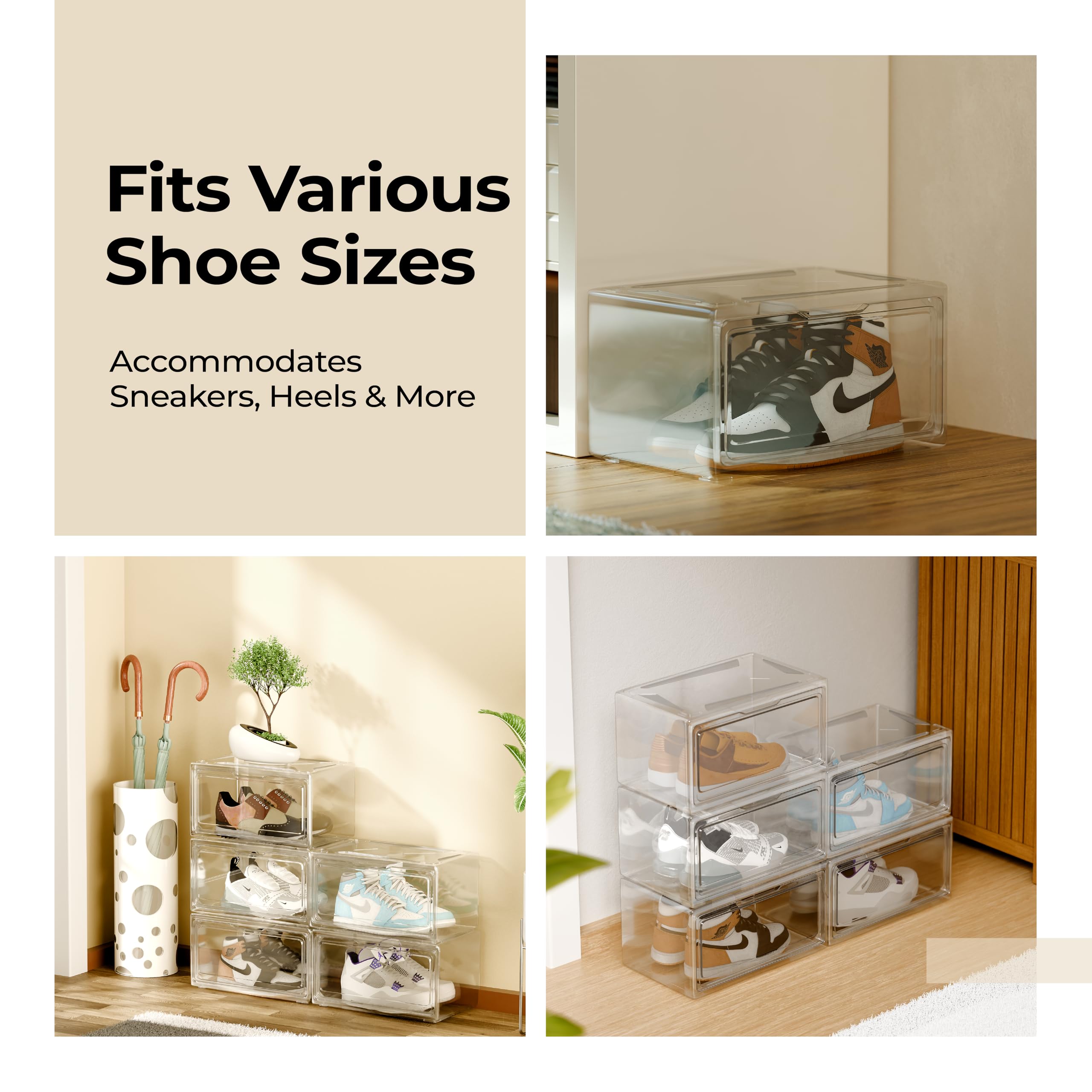 Lifelong Shoe Storage Organizer Box | Clear Plastic Stackable Sneaker Container Bins | Foldable Shoe Boxes for Closet & Shelf | Space-Saving Transparent Shoe Organizer for Men & Women’s Footwear