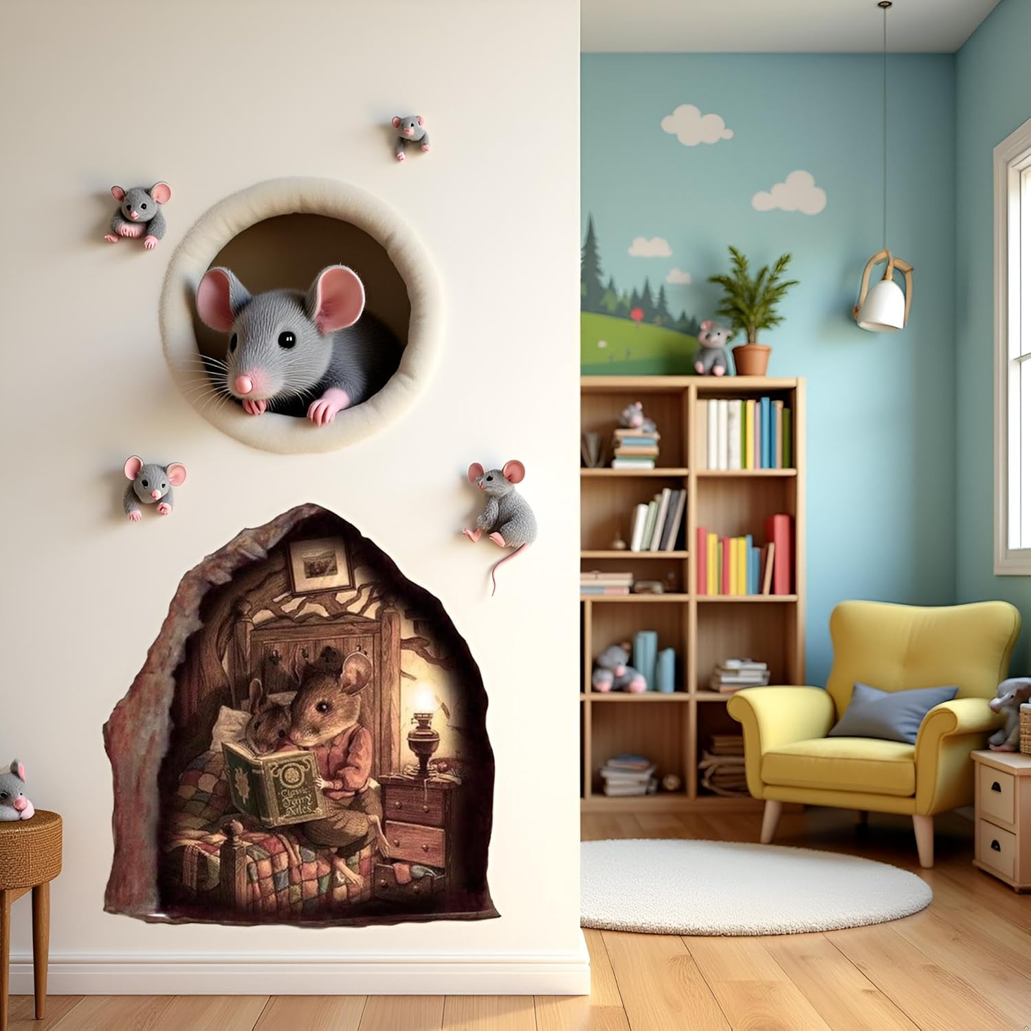 3D Mouse Hole Realistics Wall Sticker,Mouse in a Hole Wall Decal Fun Art,Water Proof Funny Wall Stickers for Bedroom Nursery Wall Décor,Paint,Walls Treatments and Supplies Stickers,Home Décor Accents