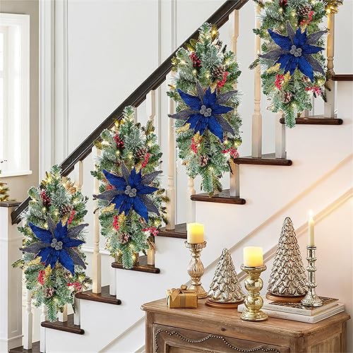 Miniatura 10 de Briful Juego de 4 flores de Pascua con purpurina de 12 pulgadas, flores artificiales con tallos largos para fiesta de árbol de Navidad, decoración