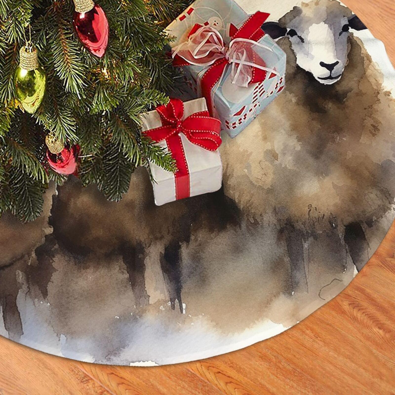Fodpand Black Sheeps Watercolor Christmas Tree Skirt 48" Velvet Xmas Tree Skirt Mat Rustic Christmas Tree Mat Cover Winter Xmas Tree Collar For Indoor Outdoor Christmas Decorations