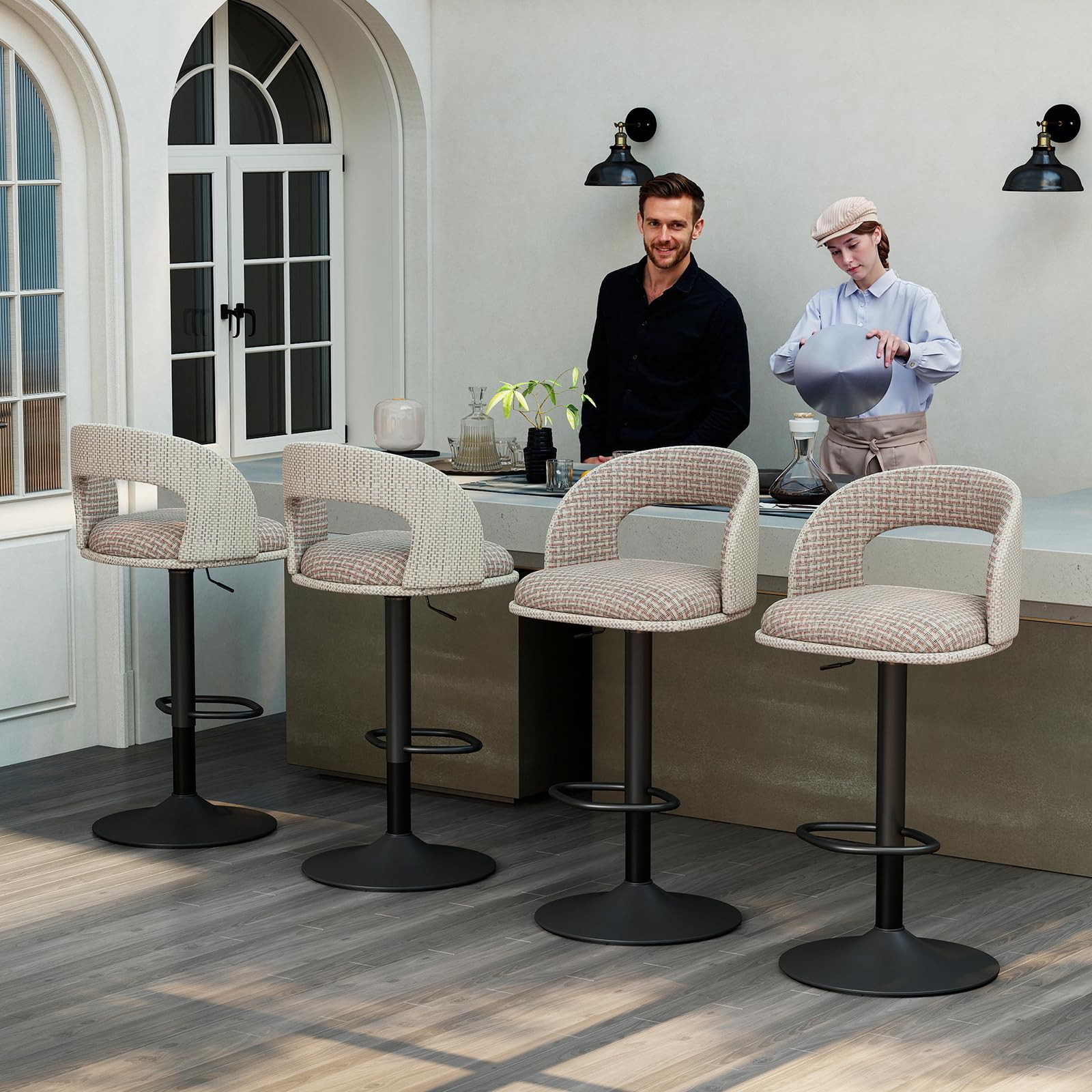 2er-Set Barhocker für den Außenbereich mit Schutzhüllen wasserdicht, höhenverstellbar, mit hohler Rückenlehne, drehbar, für Garten und Terrasse, wetterfester Textilene-Stoff, Leinen-Karomuster