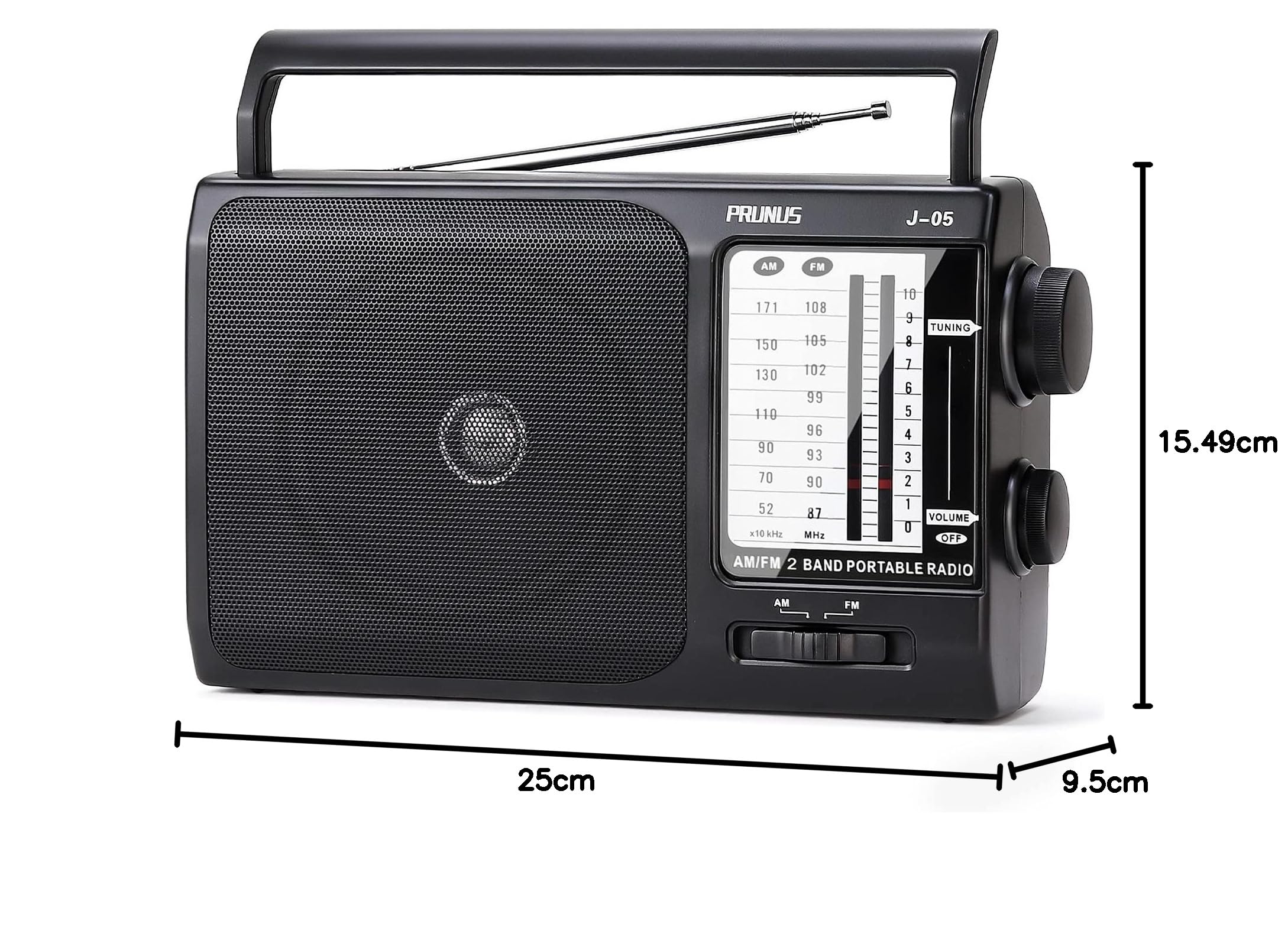Prunus J-05 przenośne radio AM/FM z doskonałym odbiorem i dużym głośnikiem, radio akumulatorowe i sieciowe