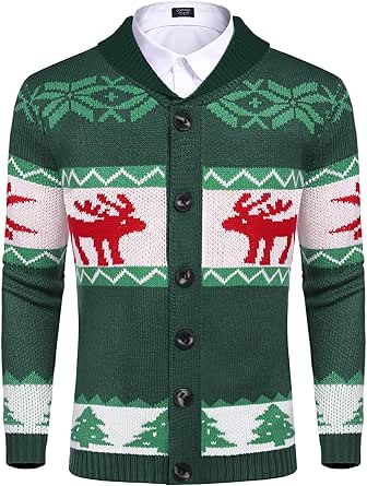 COOFANDY Men's Christmas Cardigans Ugly Xmas Sweaters Reindeer Snowflake Shawl Collar Knitted Cardigan Sweater