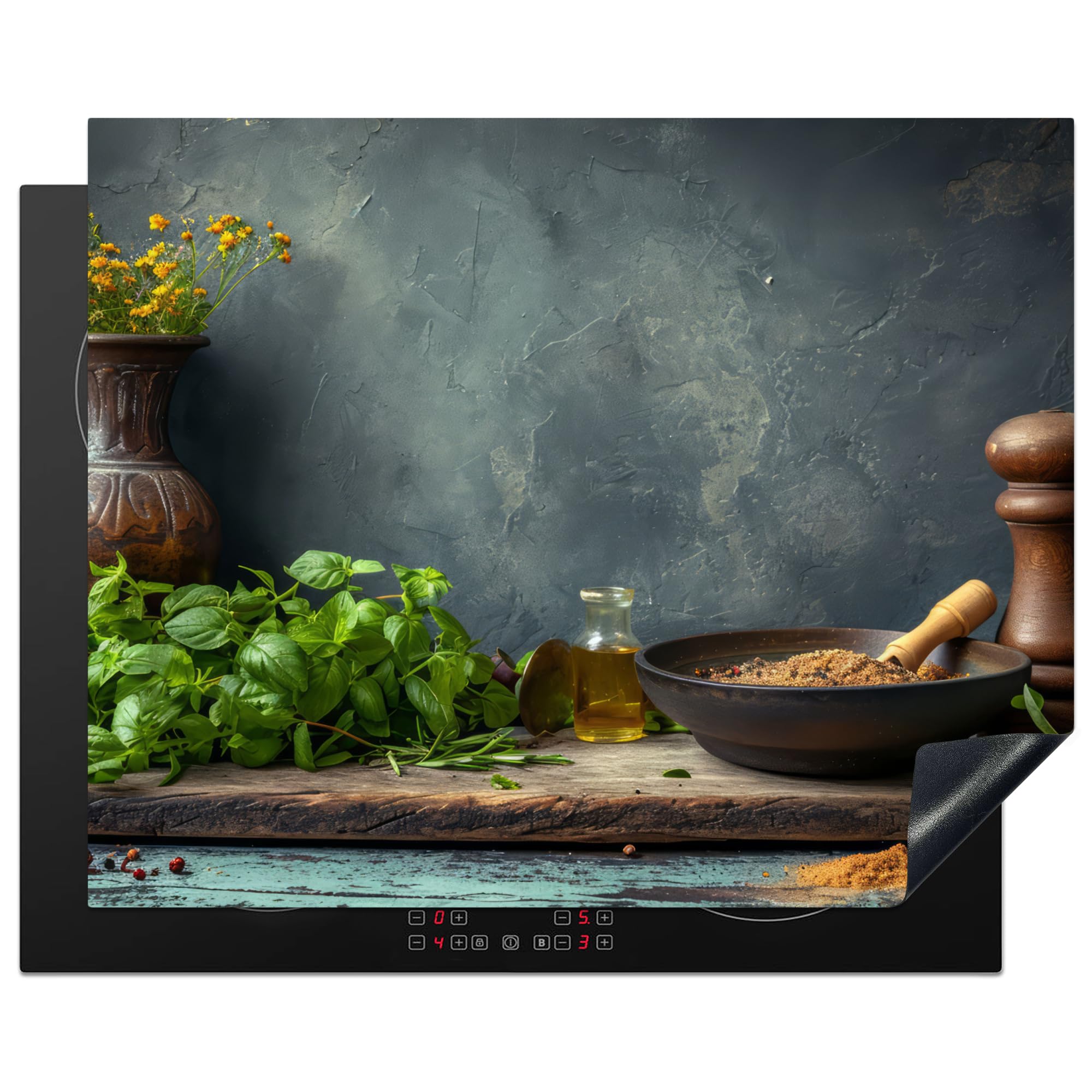 KitchenYeah© Herdabdeckplatte Einteilig Ceranfeld Abdeckplatte für Induktionsschutz Ceranfeldabdeckung Vinyl Herdabdeckplatten Küche - Blätter - Regal - Beton - 65x52 cm