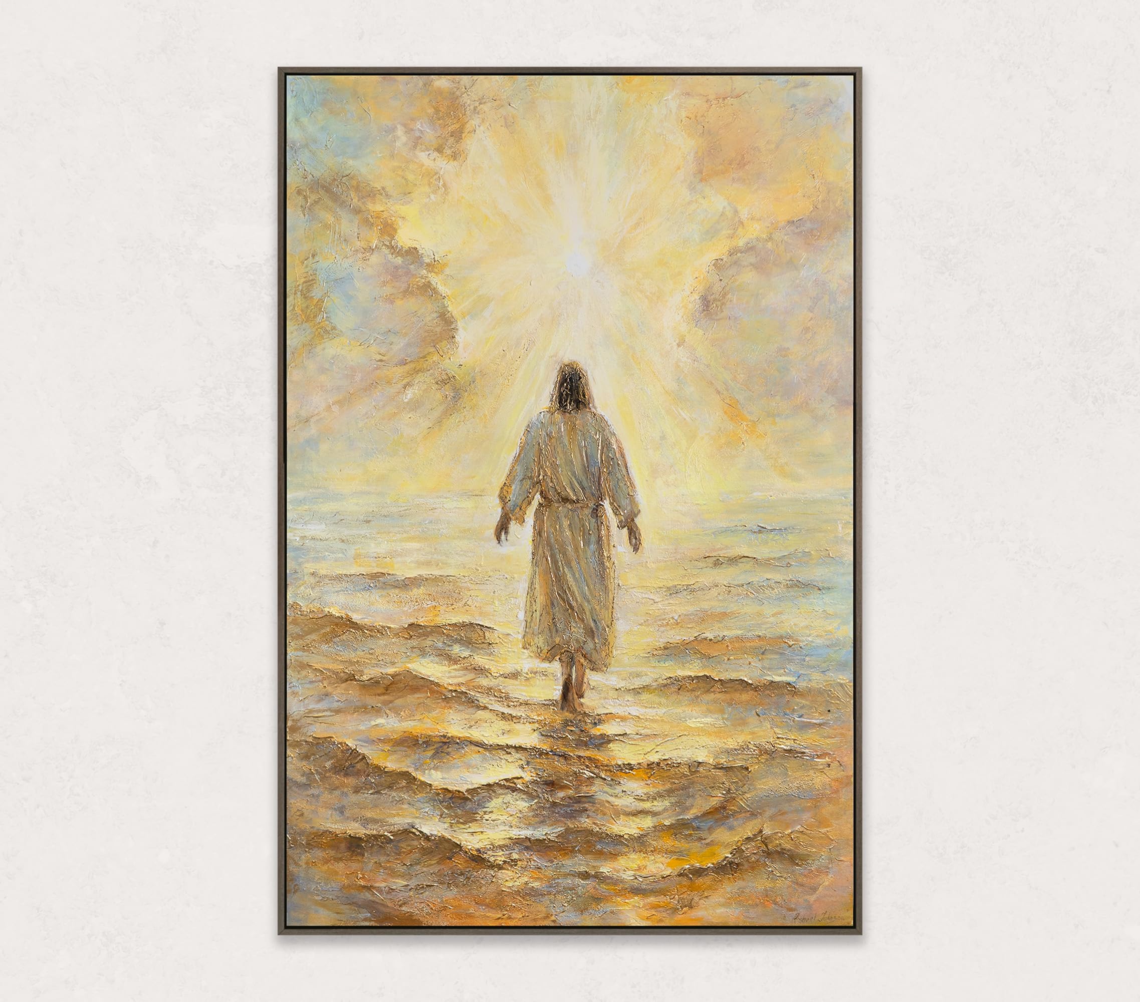 YS -Art Dipinto a mano Gesù Quadro su tela Spirituale Murale cristiana con cornice Pittura Acrilica Religiosa Mare & Luce Decorazione moderna da parete 140 x 100 cm