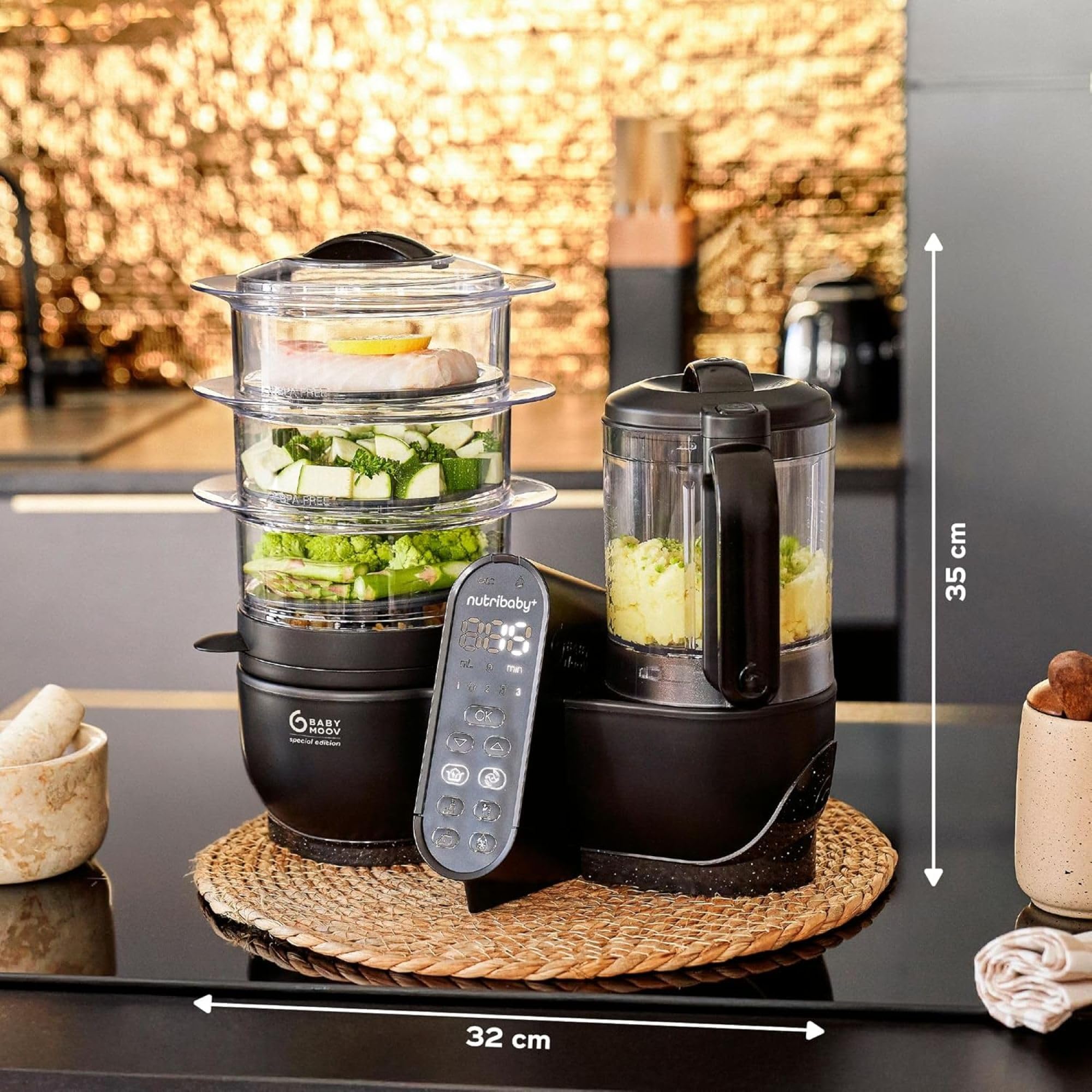 Babymoov Nutribaby (+) XL Robot Cooker, duża pojemność 2,9 l, do 14 posiłków w 1 cyklu, 6 funkcji w 1-2 koszach na parze - dywersyfikacja żywności - mikser dla niemowląt, czarny