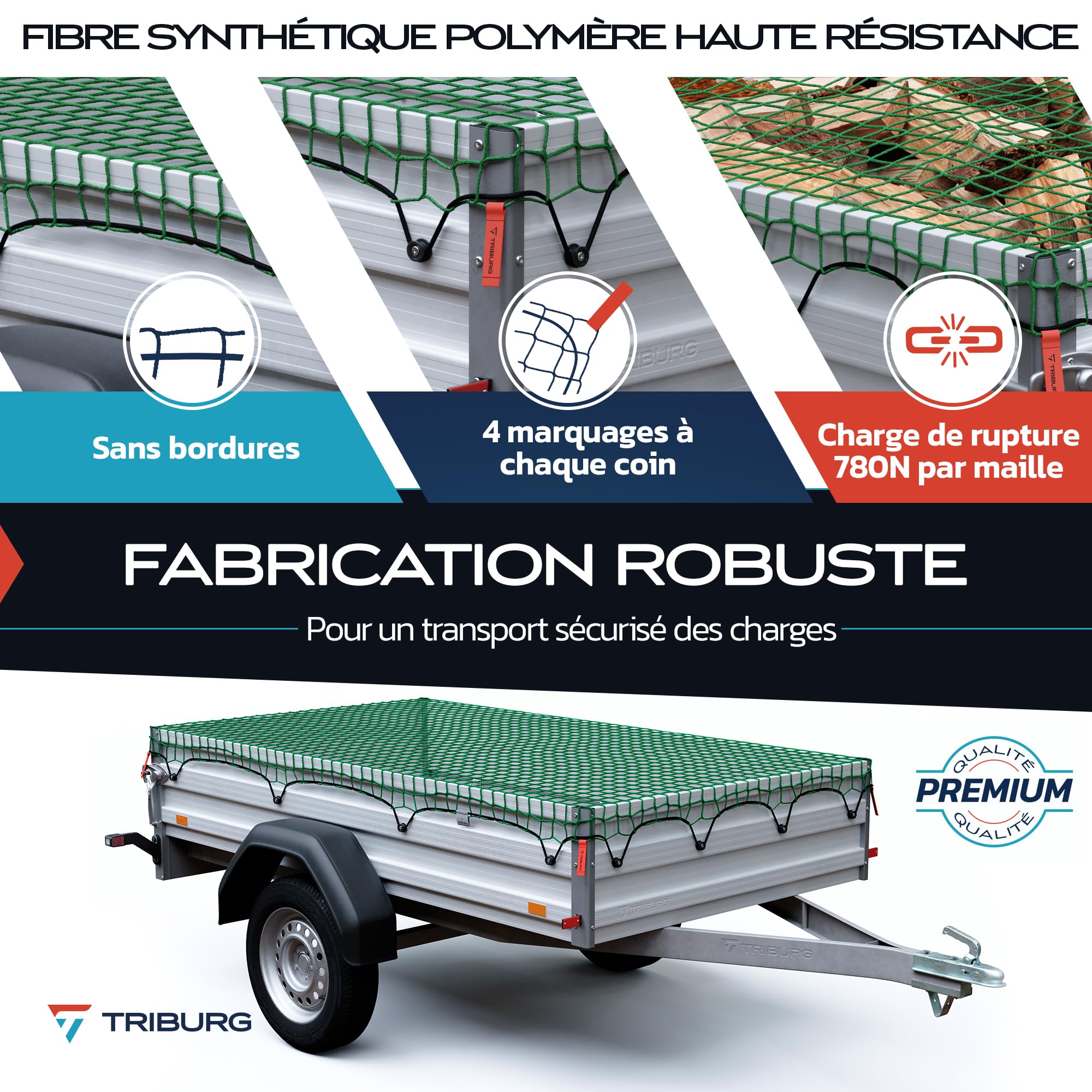 TRIBURG Filet pour remorque 2x3,5 avec marquage des Coins - Filet pour remorque avec élastique de Tension pour Une sécurisation optimale du Chargement