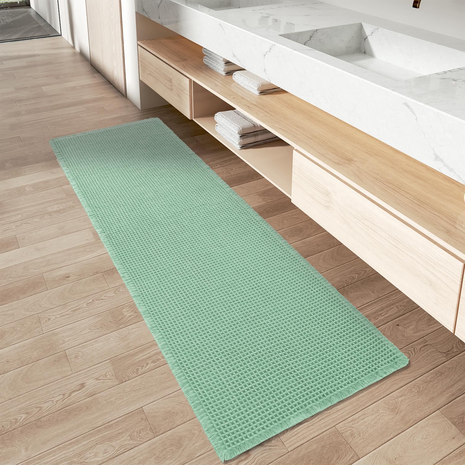 AMOAMI Upgraded Waffle Runner Rug Super Absorbent Non Slip Bath Mats for Bathroom Machine Washable Bathroom Runner Rug with Tassels, Ideal for Hallway Bedroom Laundry Room, 17" x 60", Sage Sage 17" x 60"