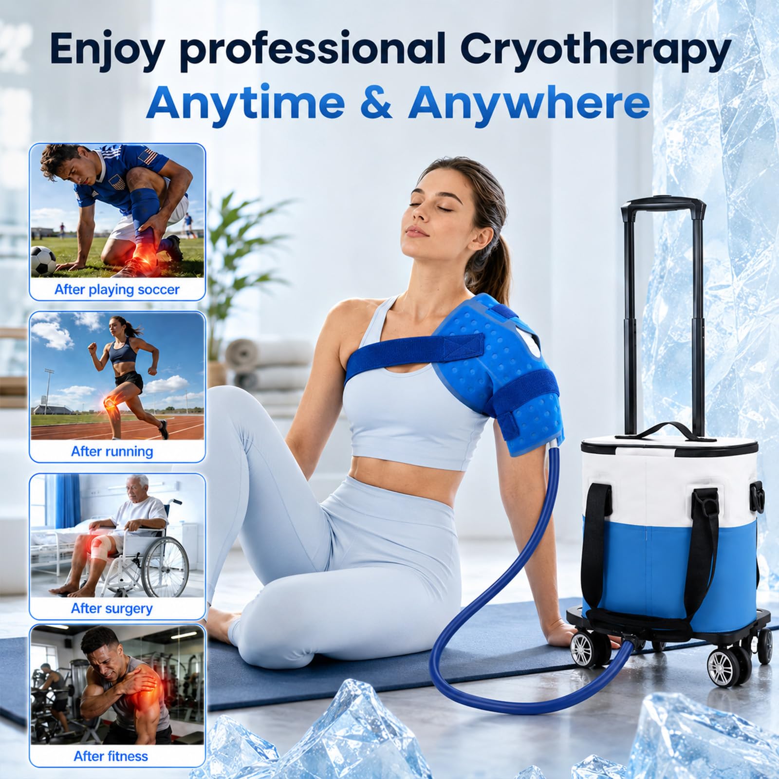 Máquina de terapia de frío para rodillas con barra telescópica y ruedas, dispositivo de terapia de frío 19L/20QT con temporizador, máquina de hielo portátil con 5 niveles de flujo para alivio del