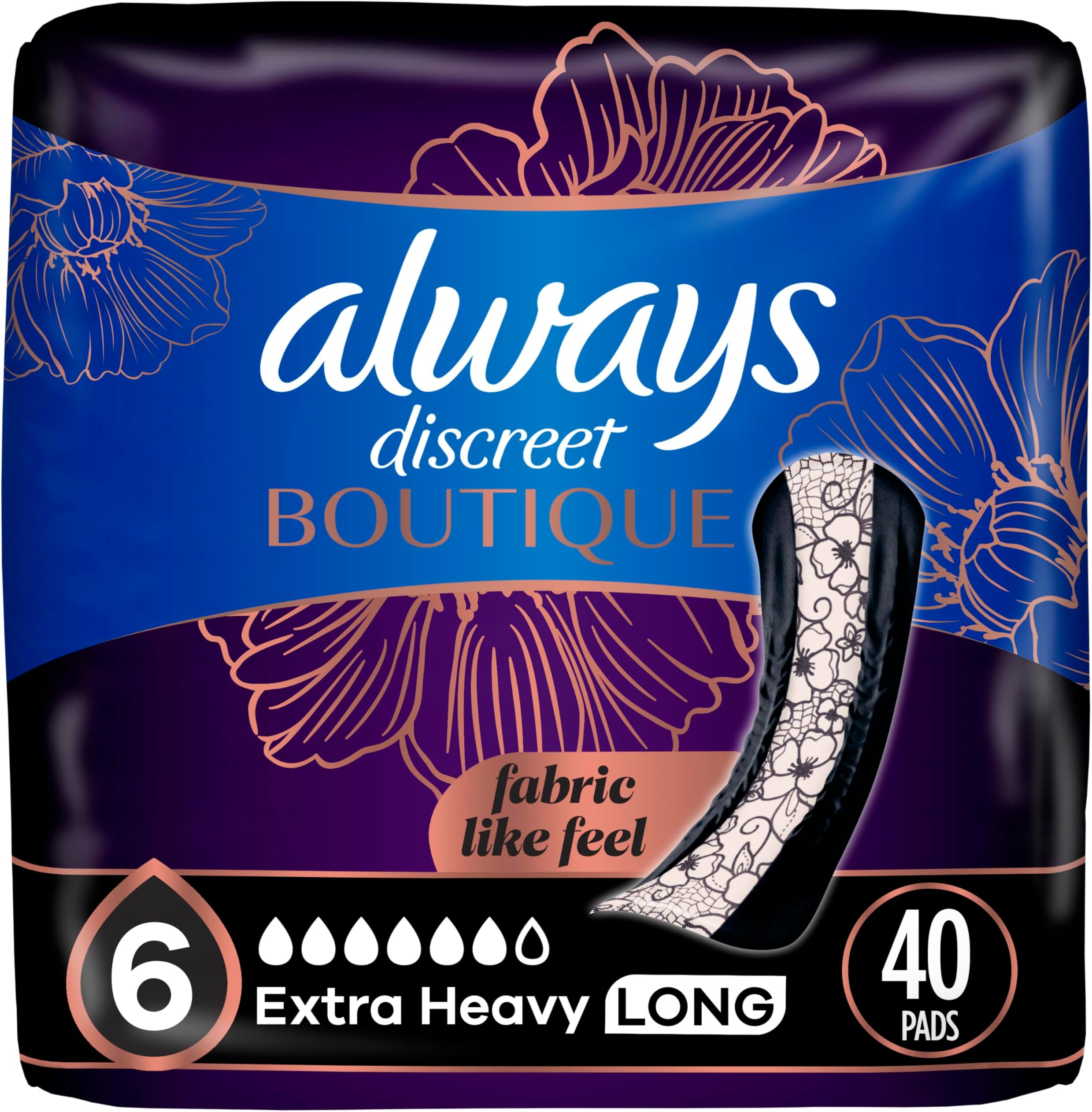 Always Discreet Boutique Incontinence Pads, Extra Heavy Absorbency, 40 Count, Long Length (2 Packs of 20 - 40 Count Total)