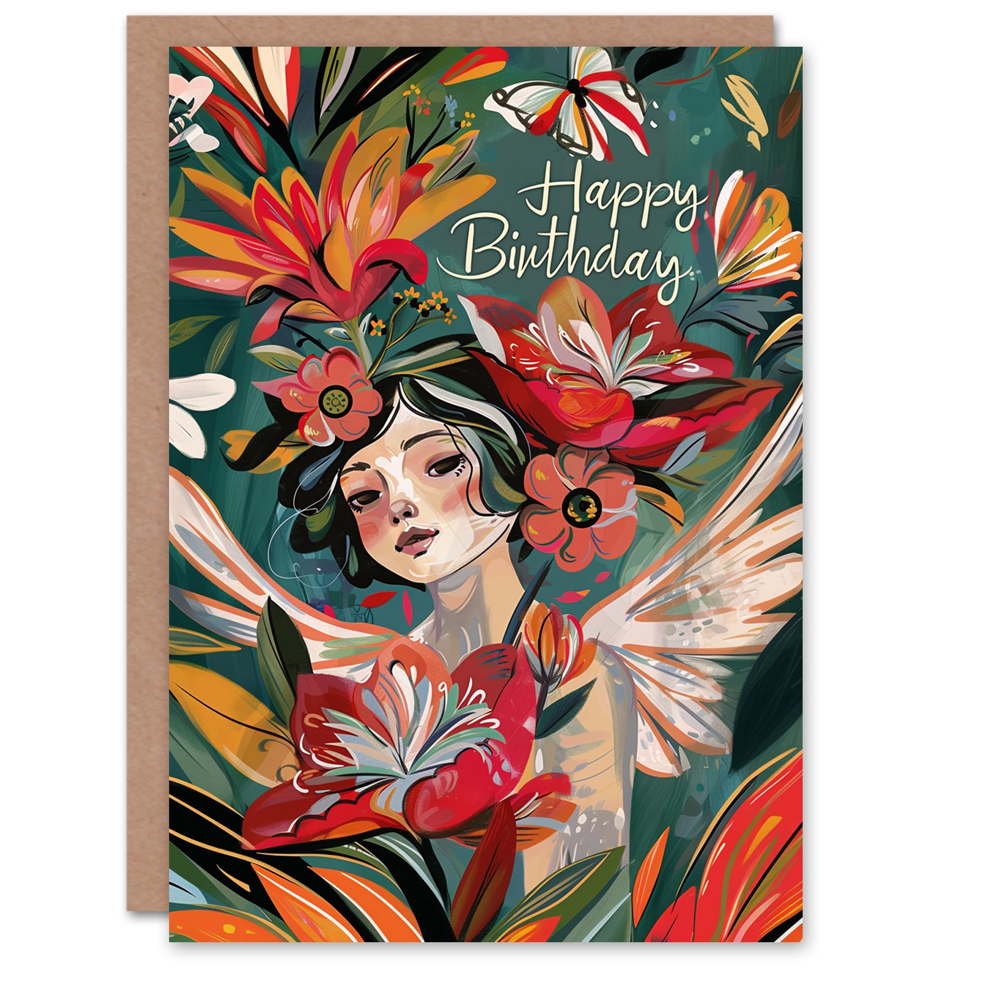 Artery8 Birthday Card Tropical Flower Jungle Butterfly Fairy Painting For Her Gran Sister Niece Daughter Wife Woman Greeting Card