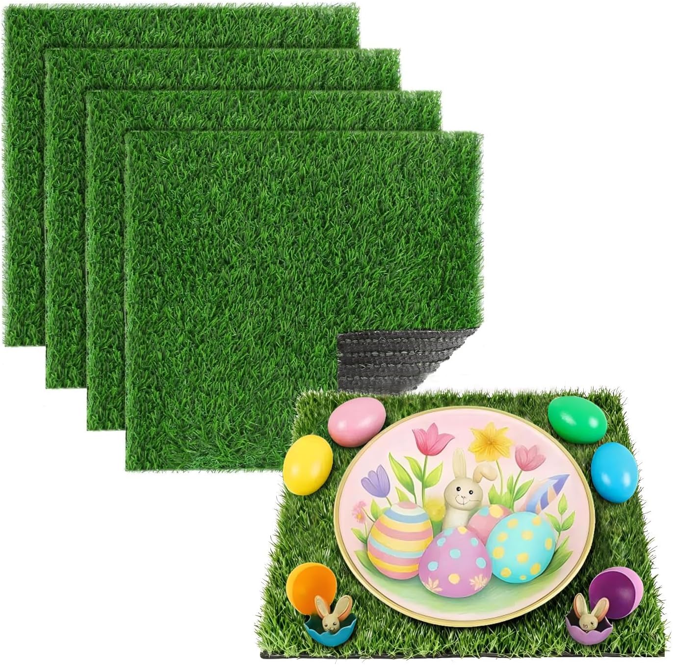 XLX TURF Square Artificial Grass Table Placemats Centerpiece Set of 4, Green Fake Grass Patch Tiles for Table Runner, Decorate Birthday, Theme Party, Baby Shower, Wedding, Holiday