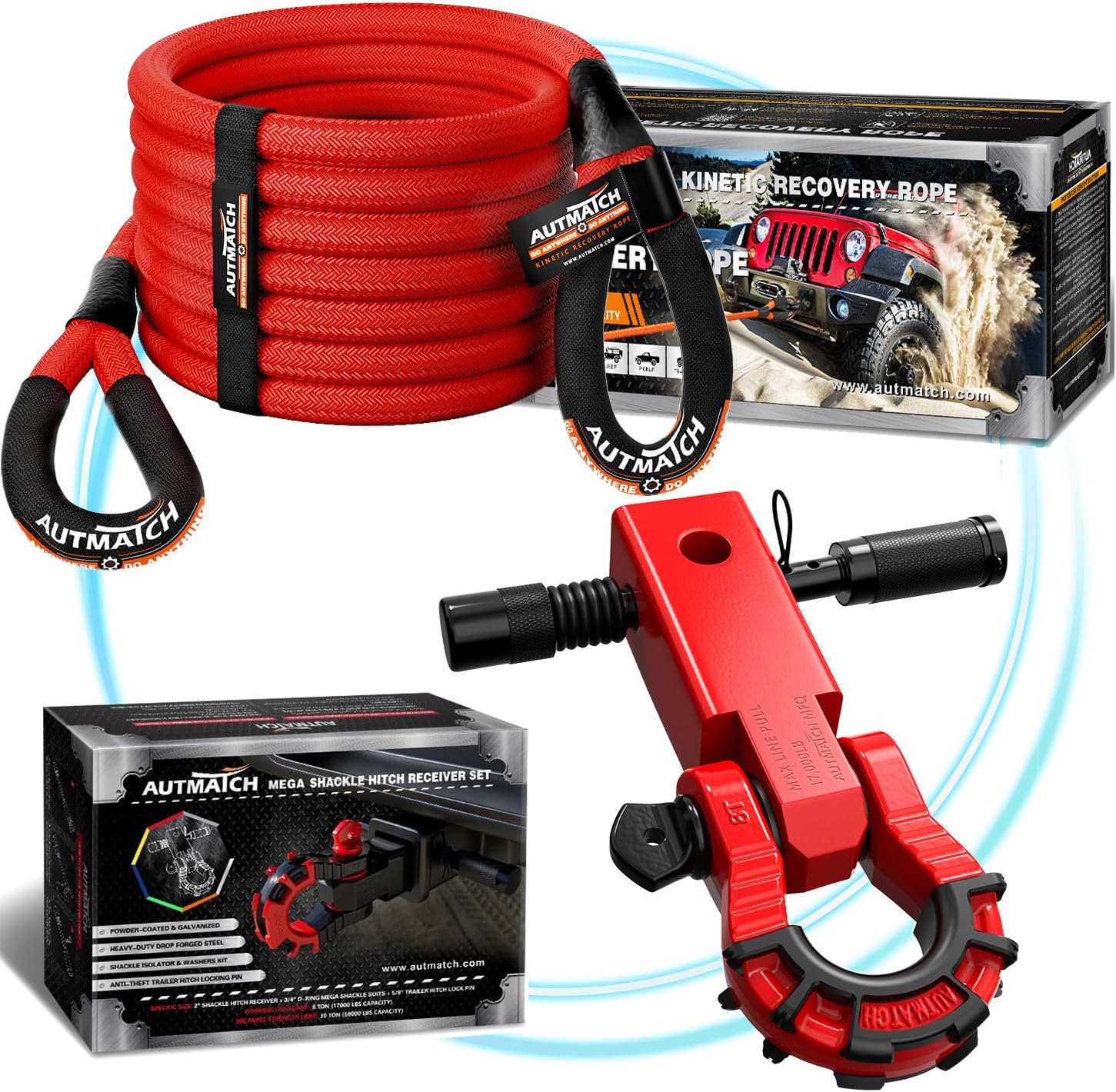 AUTMATCH Kinetic Recovery Tow Rope 1" x 20FT with Shackle Hitch Receiver 2 Inch, Heavy Duty Offroad Snatch Strap 48000Lbs for 4x4 Off-Road Vehicle, Truck, Trailer, ATV, UTV, Red