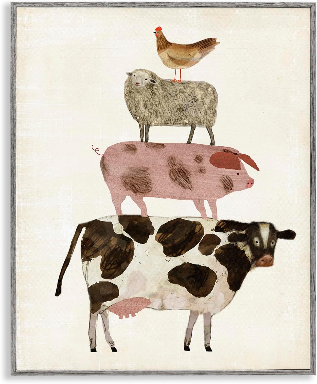 Stupell Industries Cow Sheep Pig and Chicken Barnyard Buds Stacked Farm Animals Gray Framed Wall Art, Multi-Color, 16 x 20