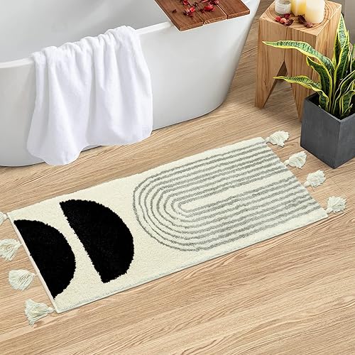 Miniatura 2 de Seavish Alfombra de baño bohemia de 18 x 47 pulgadas, suave y absorbente, con borlas, color negro, larga, antideslizante, lavable, bonita alfombra