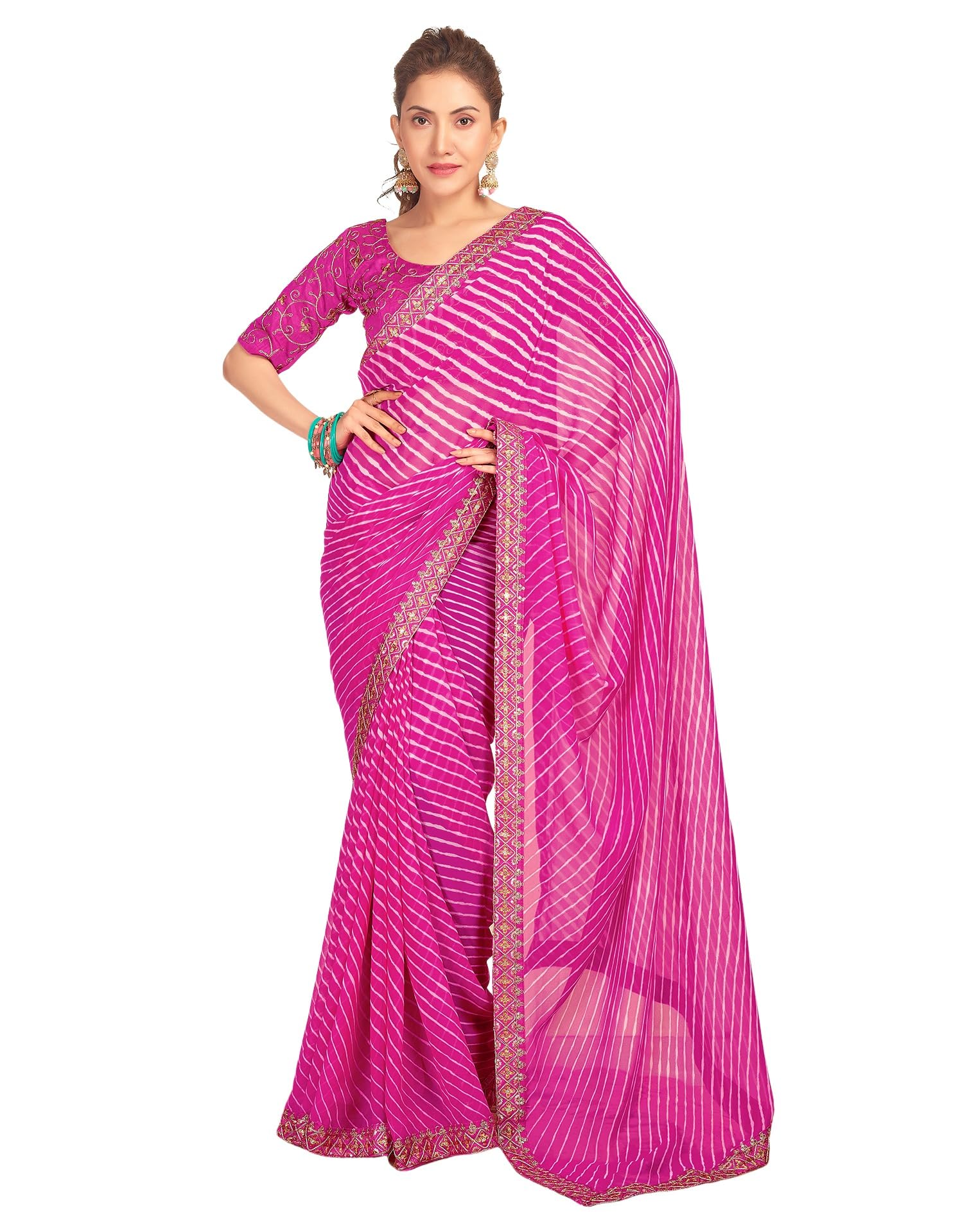 SIRIL Women's Bandhani Printed Embroidery Lace Georgette Saree