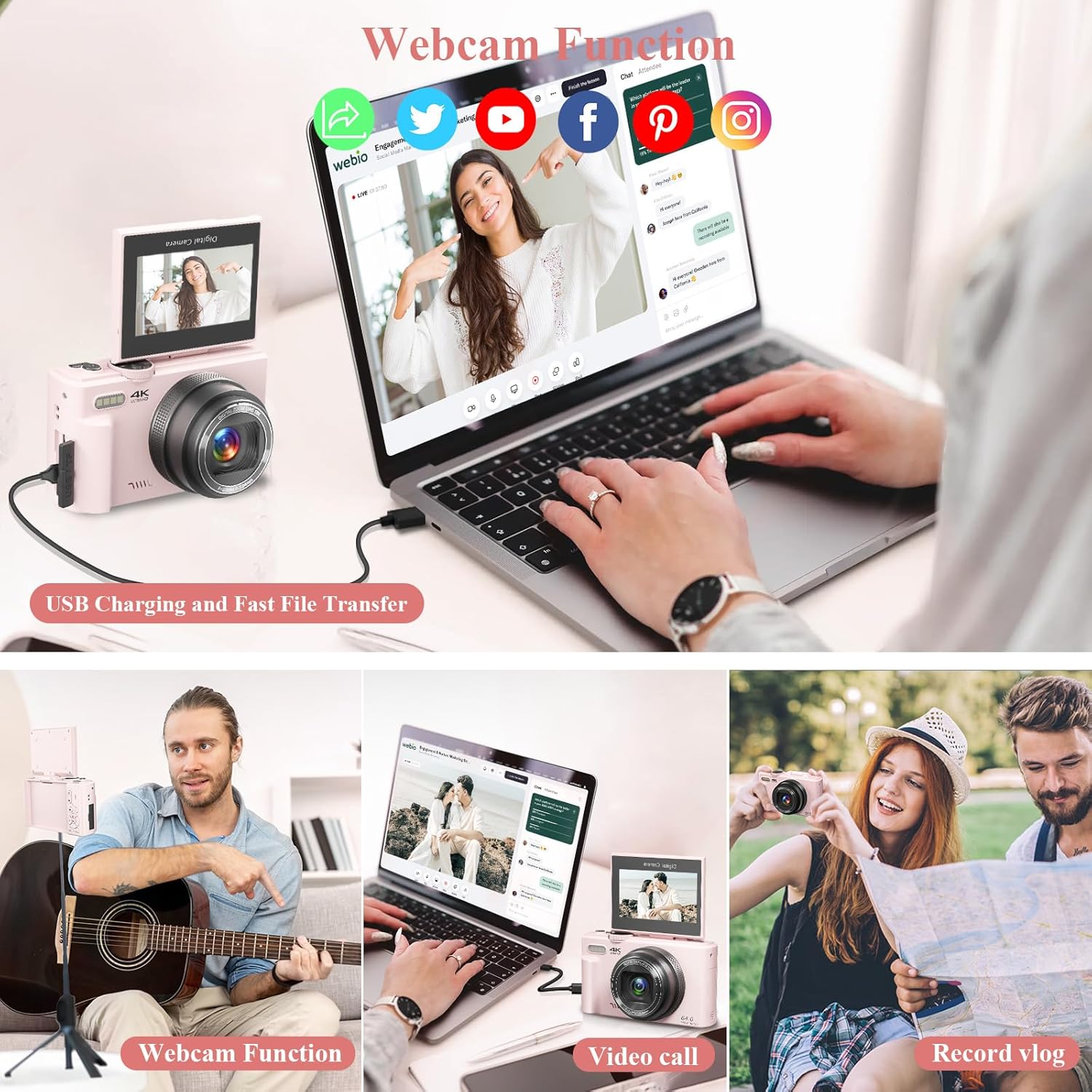 4K Digital Camera for Photography, 64MP Vlogging Camera for YouTube, WiFi Vlog Cameras with 18X Digital Zoom, 3'' Flip Screen and 32GB TF Card, Pink