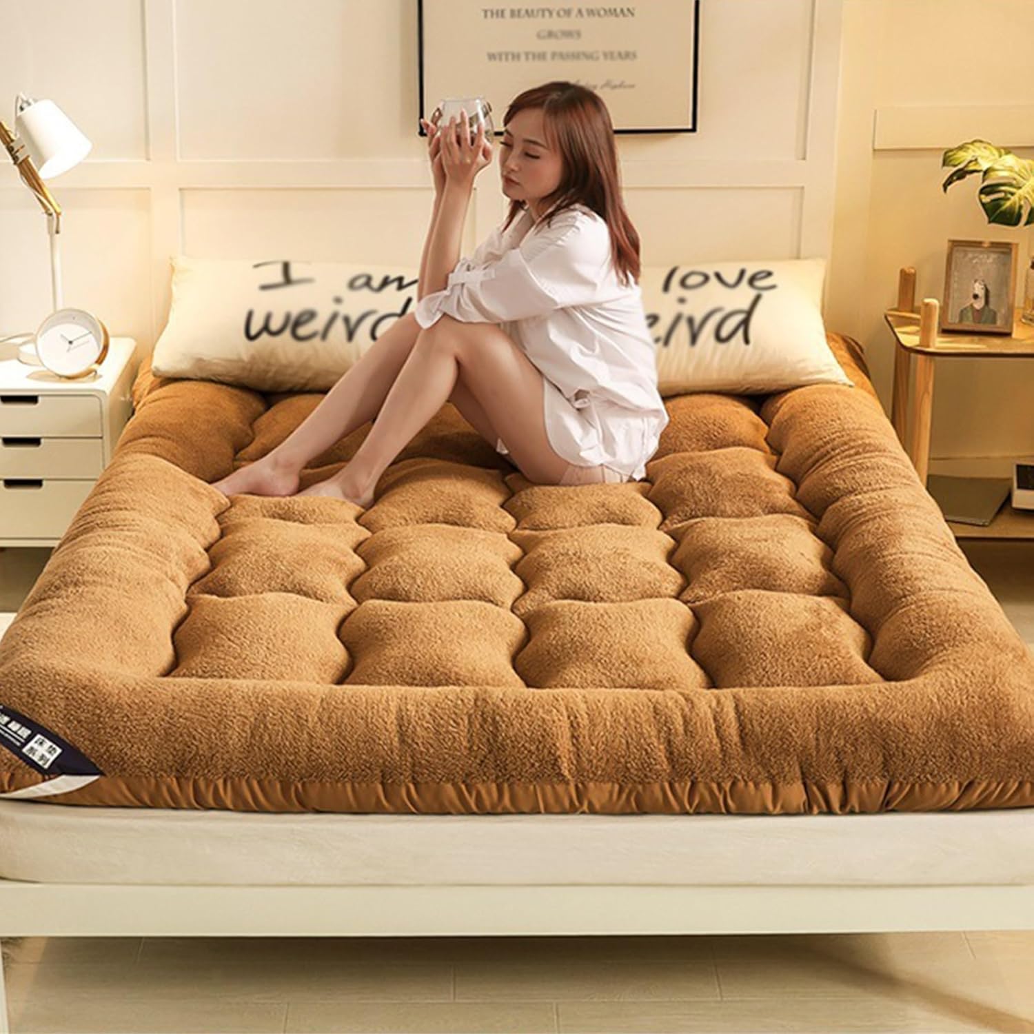 Thick Japanese Floor Mattress Foldable Tatami Queen Size Roll Up Sleeping Pad Warm Lambswool Mattress Double, Student Dormitory Mattress. (Color : Brown, Size : 100x200cm)