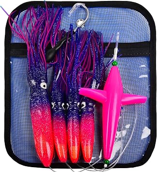 Trolling Lures Daisy Chain Teaser - Fly Fish Bird Head Teaser Big Game Saltwater Offshore Tuna Mahi Wahoo Fully Rigged Squid Teasers Trolling Fishing Lure with Mesh Bag