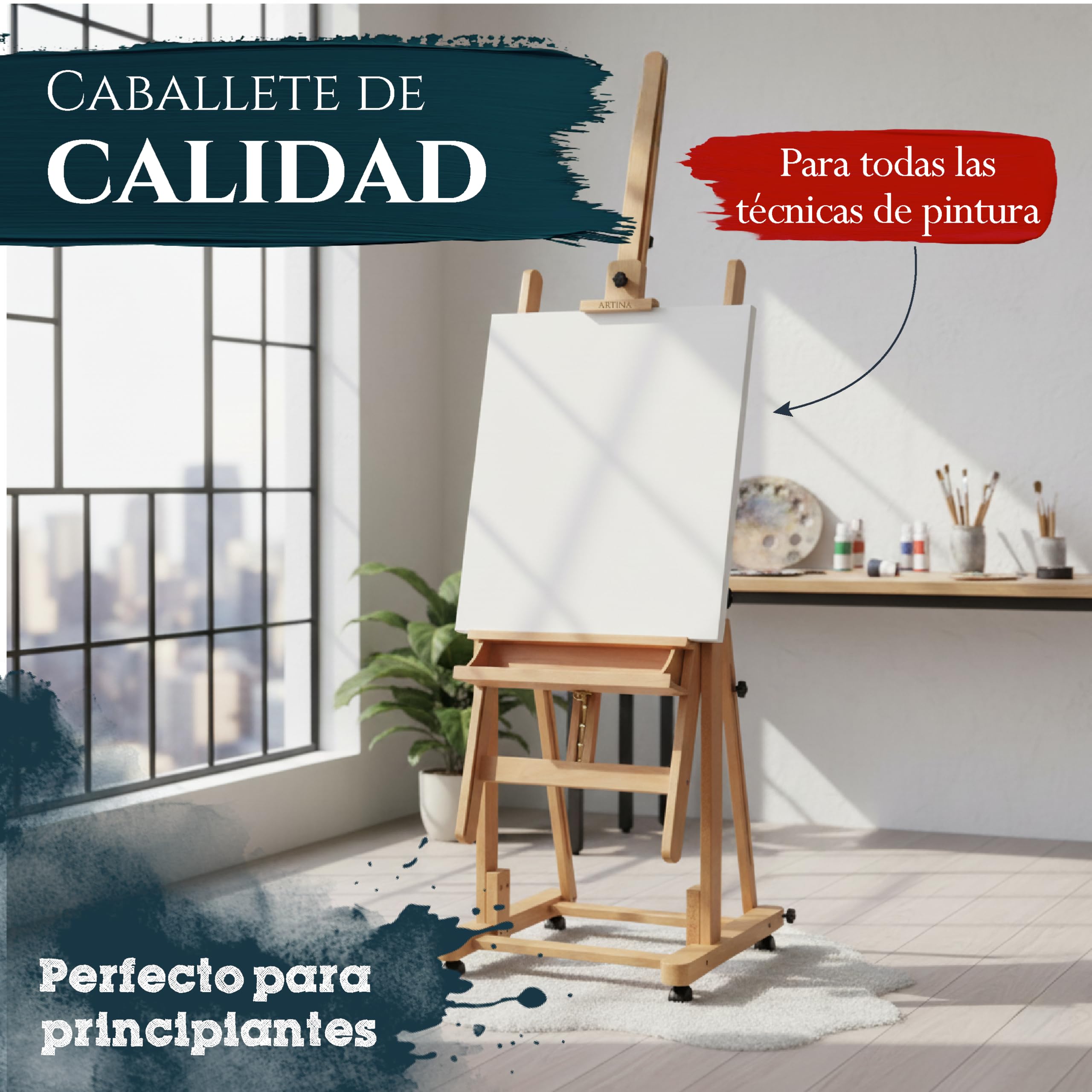 Artina caballete de pintura profesional de estudio con ruedas para lienzos | madera de haya maciza para hasta 210cm de horizontal plegable bastidor Verona