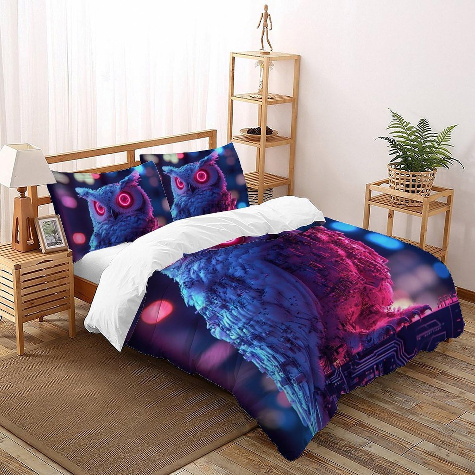 Housse de couette hibou impression 3D haute définition parure lit double microfibre soyeuse