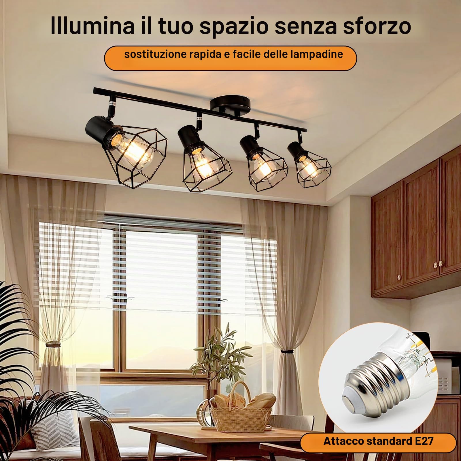 HiBay Plafoniera 4 Luce Orientabili, Nero Faretti da Soffitto Vintage Industriale per Cucina