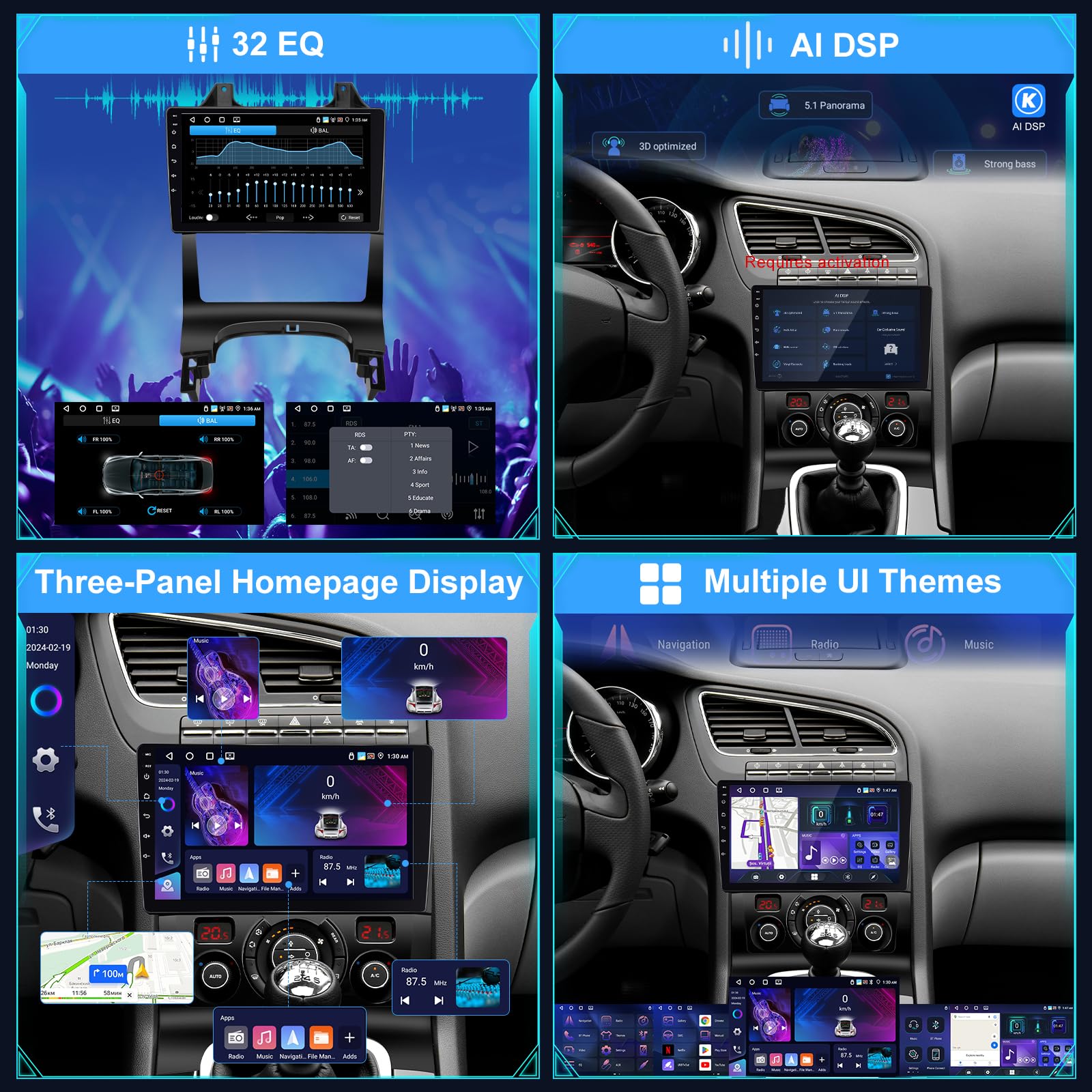Radio samochodowe 4+64G Android do Peugeot 3008 2009-2015, 9-calowy ekran dotykowy IPS Stereo z bezprzewodowym CarPlay i Android Auto, GPS WiFi Bluetooth 5.0 DSP 32EQ + AHD kamera cofania i mikrofon
