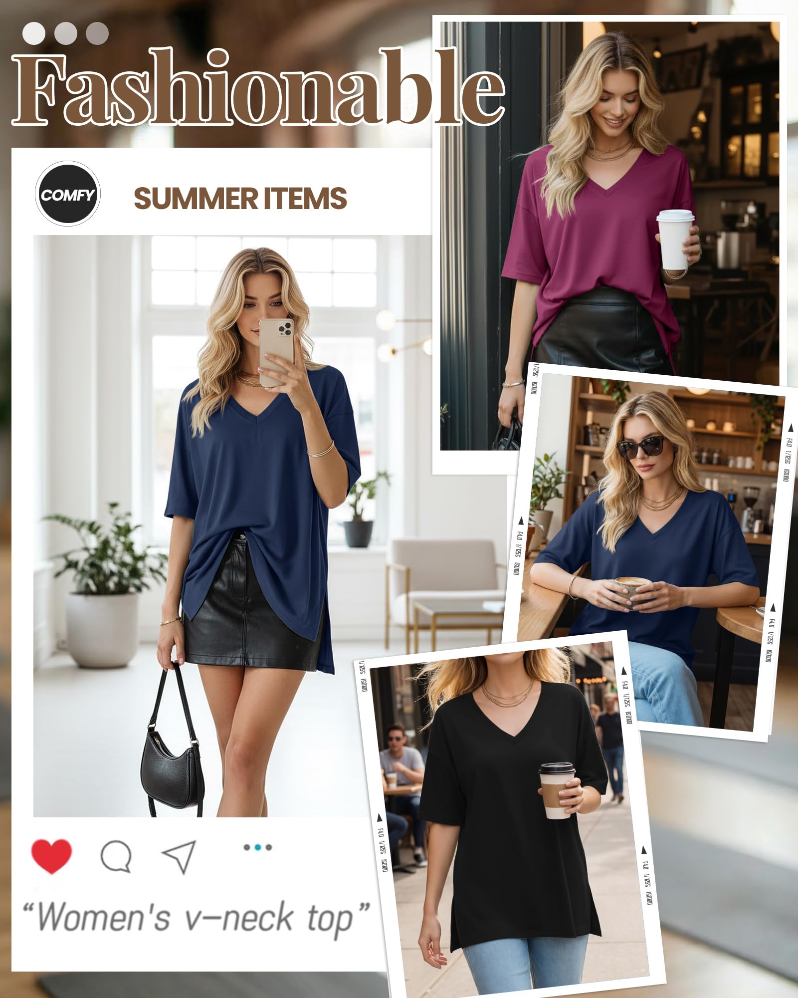 Geyoga Lot de 3 T-Shirts Oversize pour Femme, col V, Maille décontractée, Manches Courtes, Fentes latérales, Coupe Ample, Tuniques Tendance