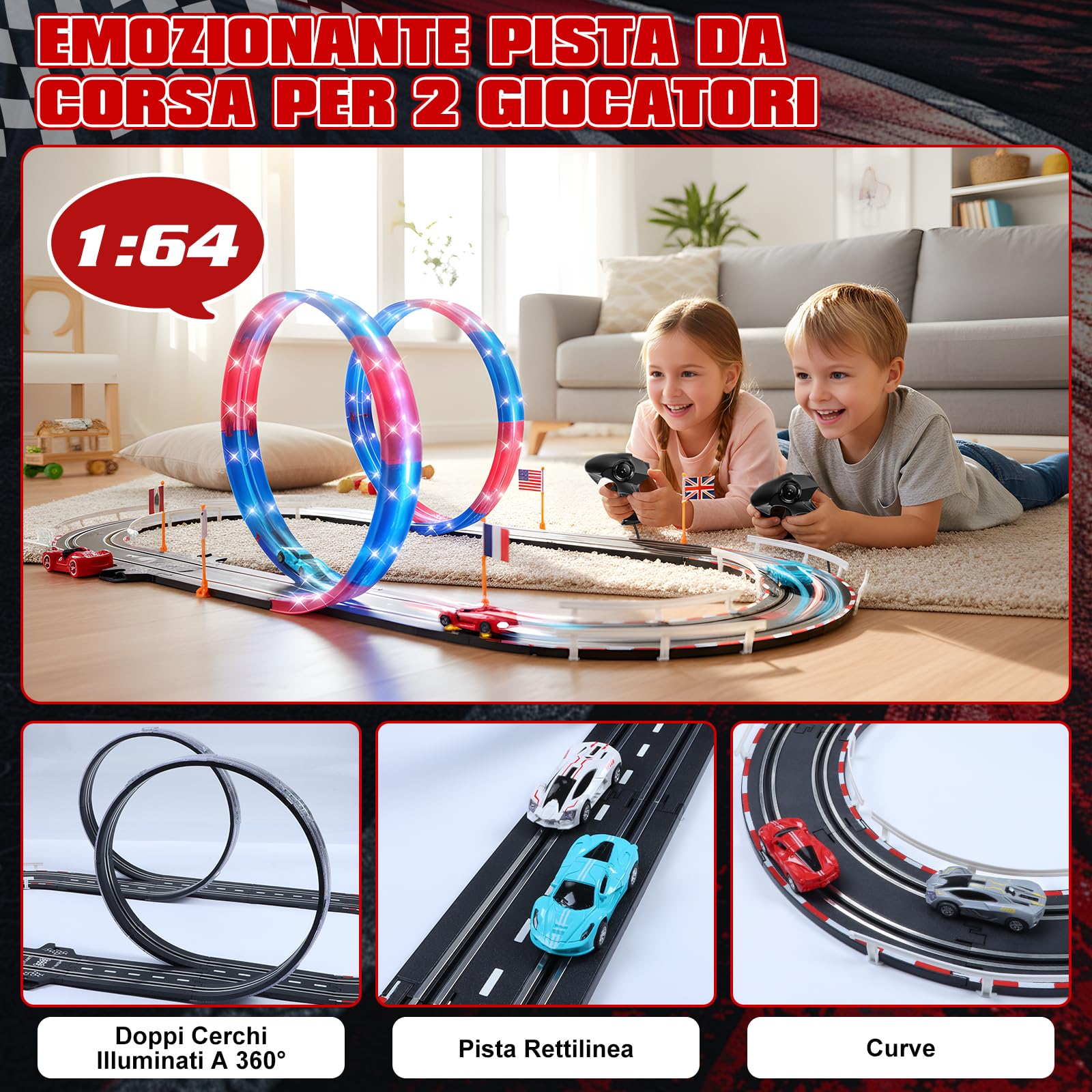 Piste Corsa Elettriche, Illuminato Pista Macchinine Piste Auto Bambini - 4 LED Macchine, Spina, 360° Cerchio, Comandi, Contatore, Piste Corsa Bambini 3 4 5 6 7 8 Anni Giocattoli Regali (S)