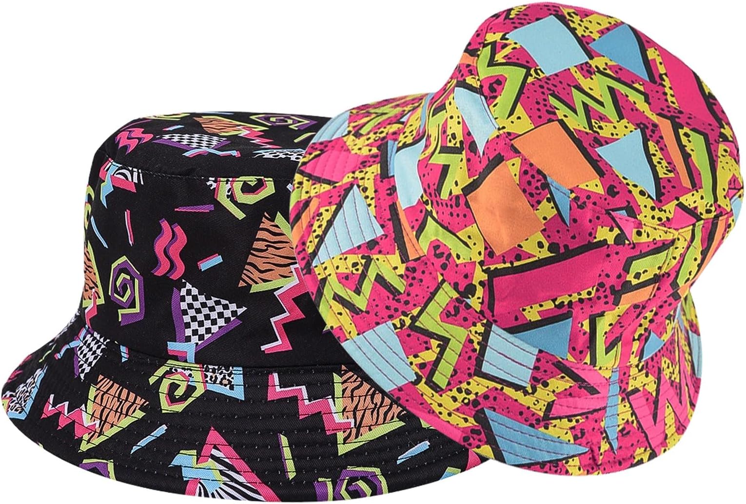 2 Pieces Funny Disco Bucket Hats Fashion Beach Sun Cap Unisex Print Reversible Retro 80s Bucket Hat for Women Men Double-Side-Wear Outdoor Fisherman Hat for Hip hop Party Summer Travel