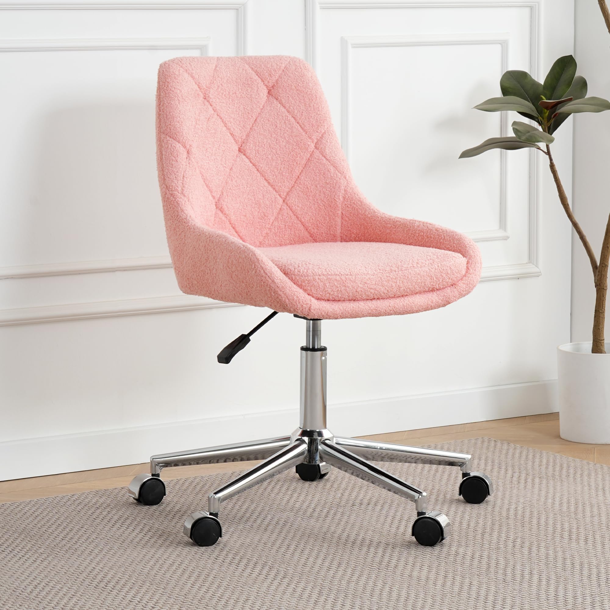 Pink Teddy Fabric Armless Chair with Wheels Comfy Office Desk Vanity Chair with Lumbar Support Cute Adjustable Swivel