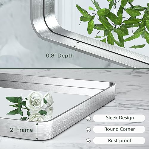 Miniatura 4 de TokeShimi - Espejo para pared de baño, marco de metal de aleación de aluminio cepillado inoxidable, decoración rústica, plateado cepillado