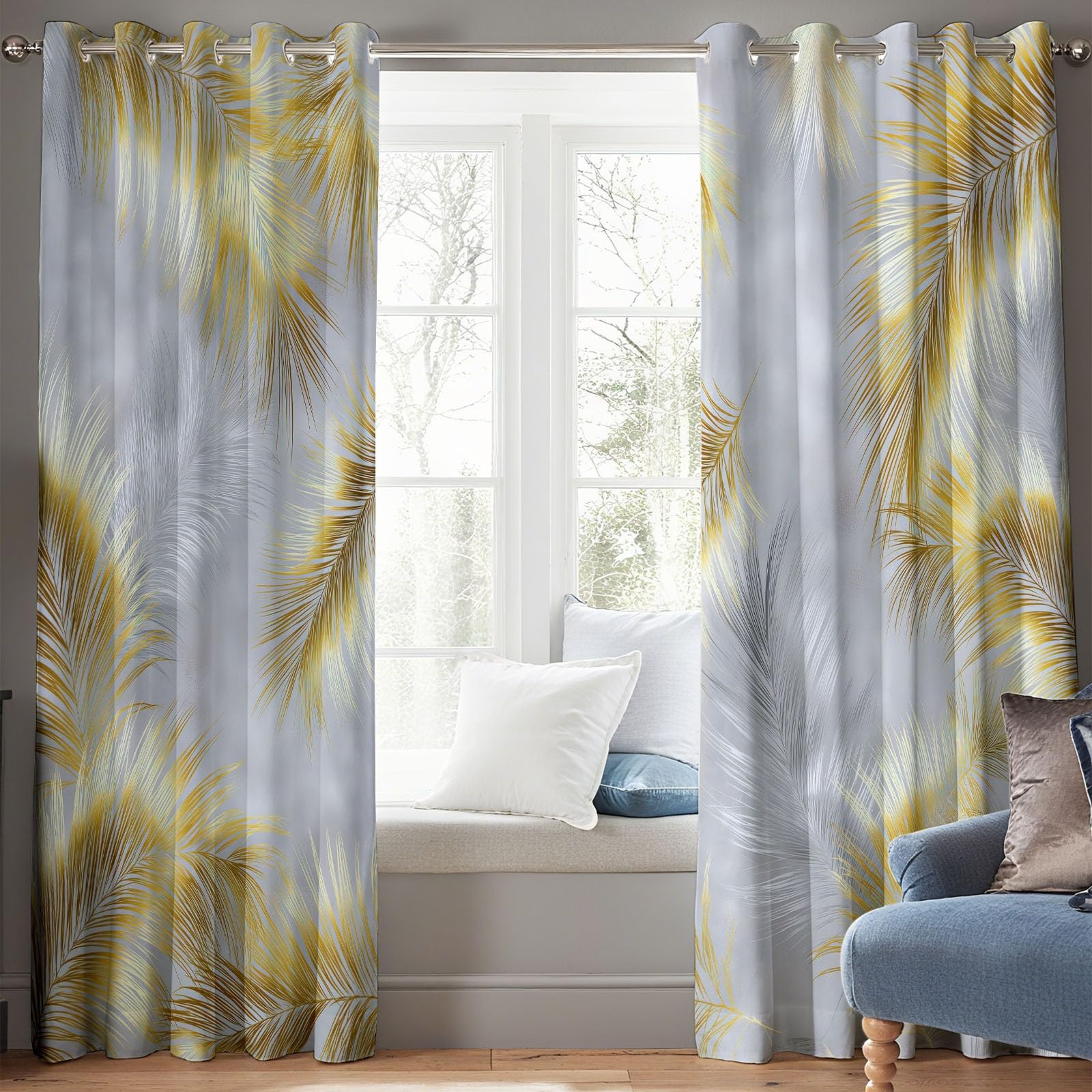Blickdichte Vorhänge mit Ösen Palmenblätter mit grauem Marmor, Thermovorhang 2er Set 215 x 110 cm Verdunklungsvorhänge mit Kälte - Schallschutz für Wohnzimmer Schlafzimmer, Gardinen