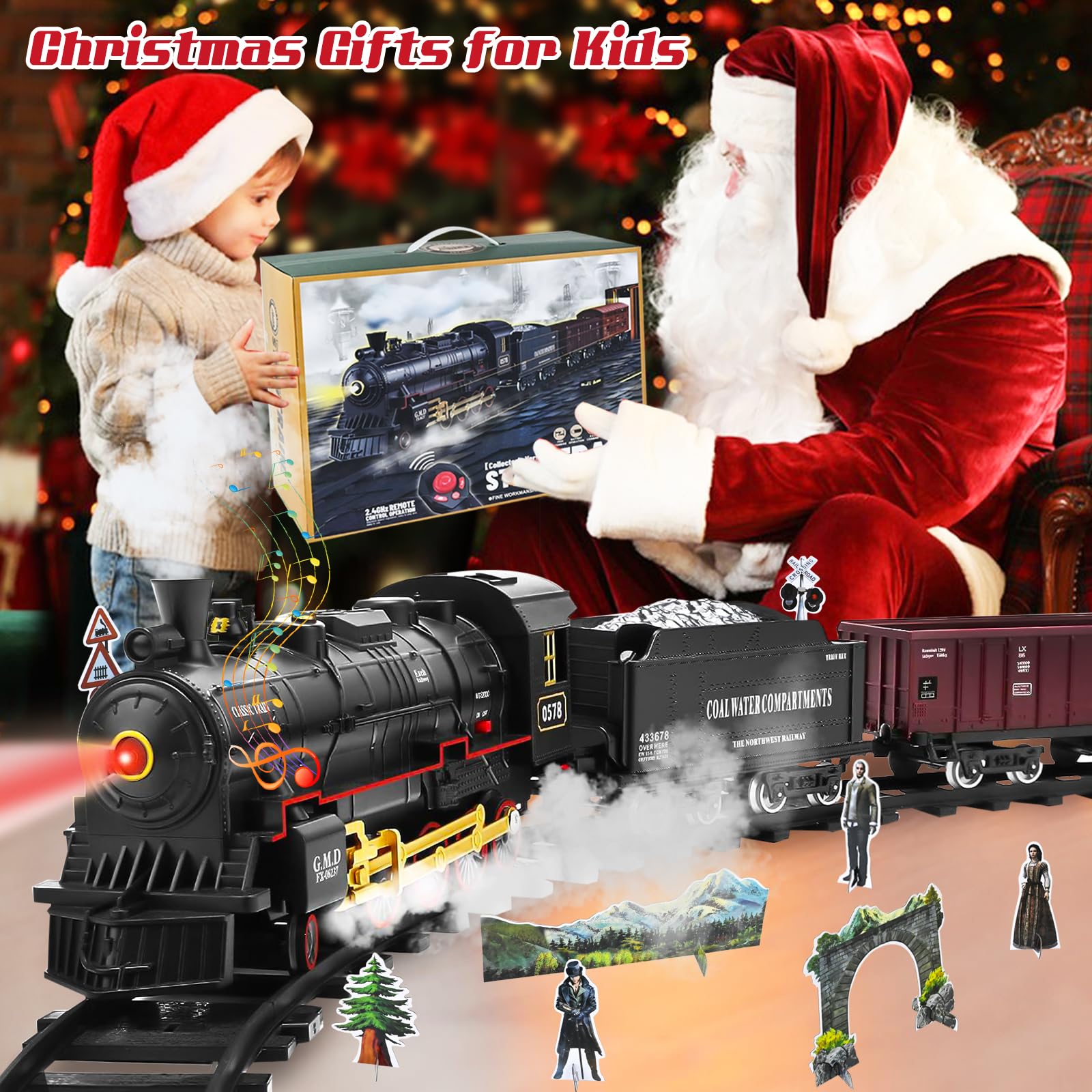 Ulikey Trenino Elettrico per Bambini, i Giocattoli dei Treni con Fumo Luminoso e Suono, Classico Treno a Vapore Giocattolo con Affumicato, Giocattolo Natale Treno Regalo per Bambini 3 +Anni