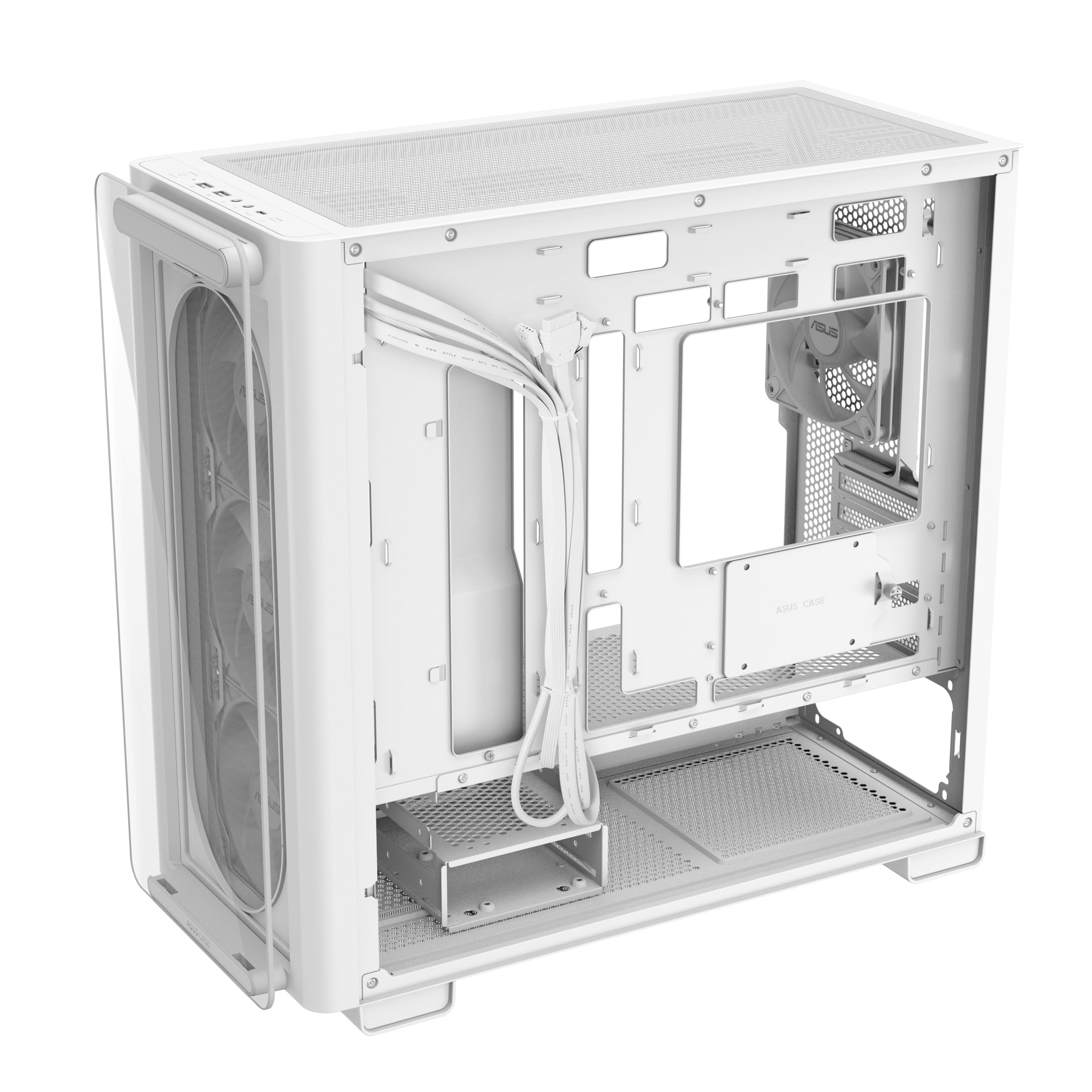 ASUS A23 Plus TG ARGB White microATX obudowa PC (fabrycznie zainstalowany wentylator ARGB, panel przedni z siateczki, kompatybilna z płytami głównymi z ukrytymi złączami, grzejnikami 360 mm, kartami