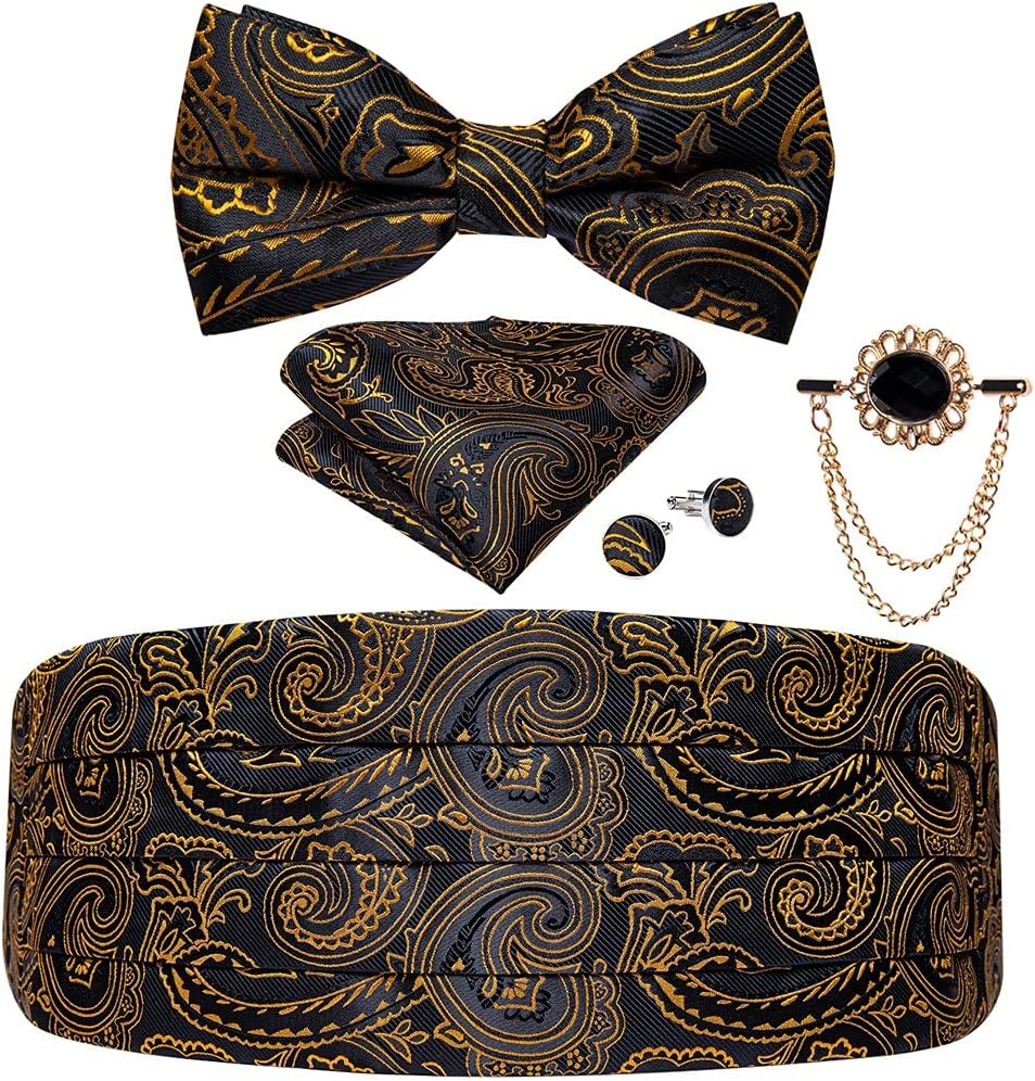 Men's Tuxedo Cummerbund and Bow Tie Wedding Formal Prom Cummerbunds Brooch Set Elastic Waistband