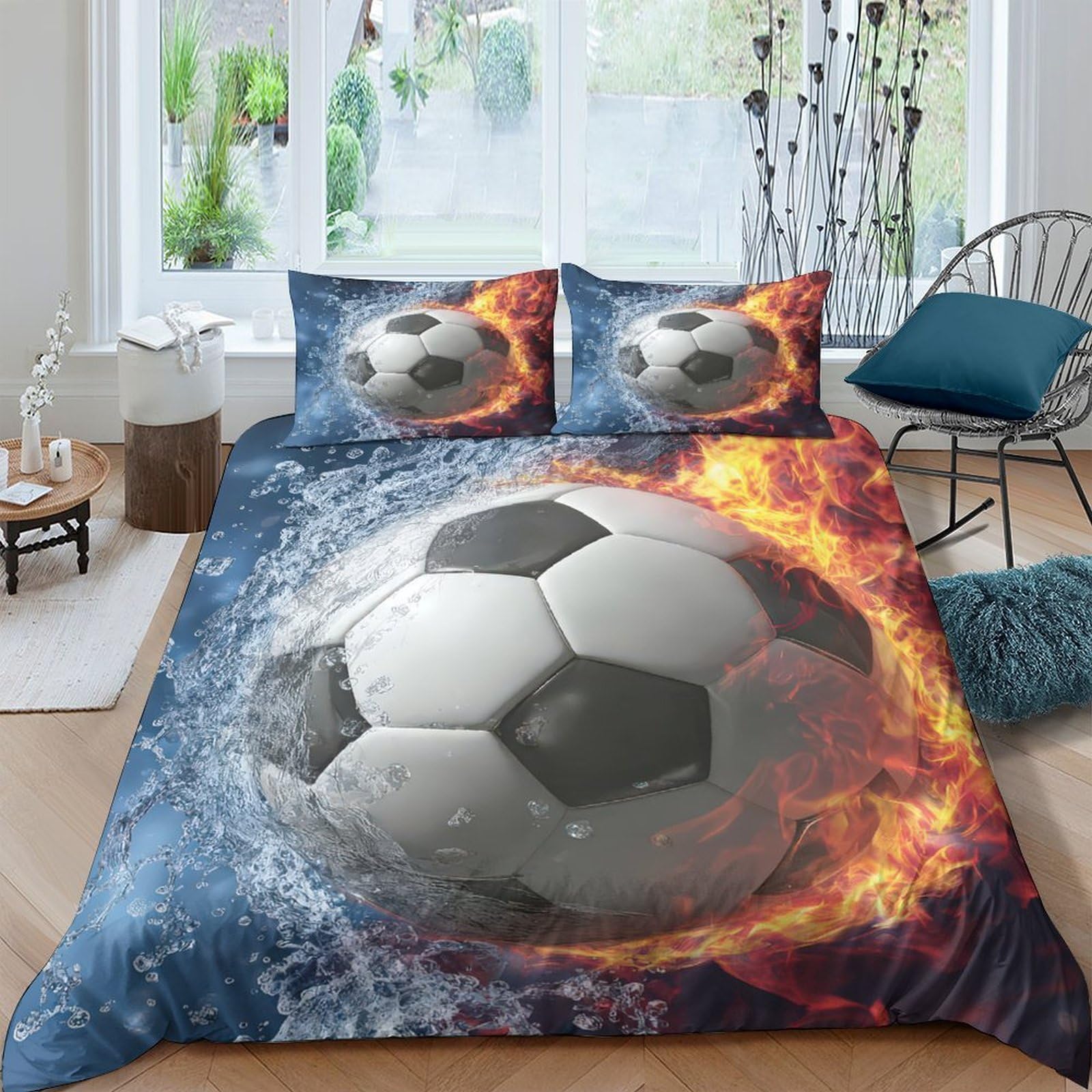 Ctjqhvkz Style-6 3D Printed Fire Soccer Fitted Sheet Microfiber Soft Blue Flame Bed Cover For Bedroom Guest Room Mattress Protection Single（135X200cm）