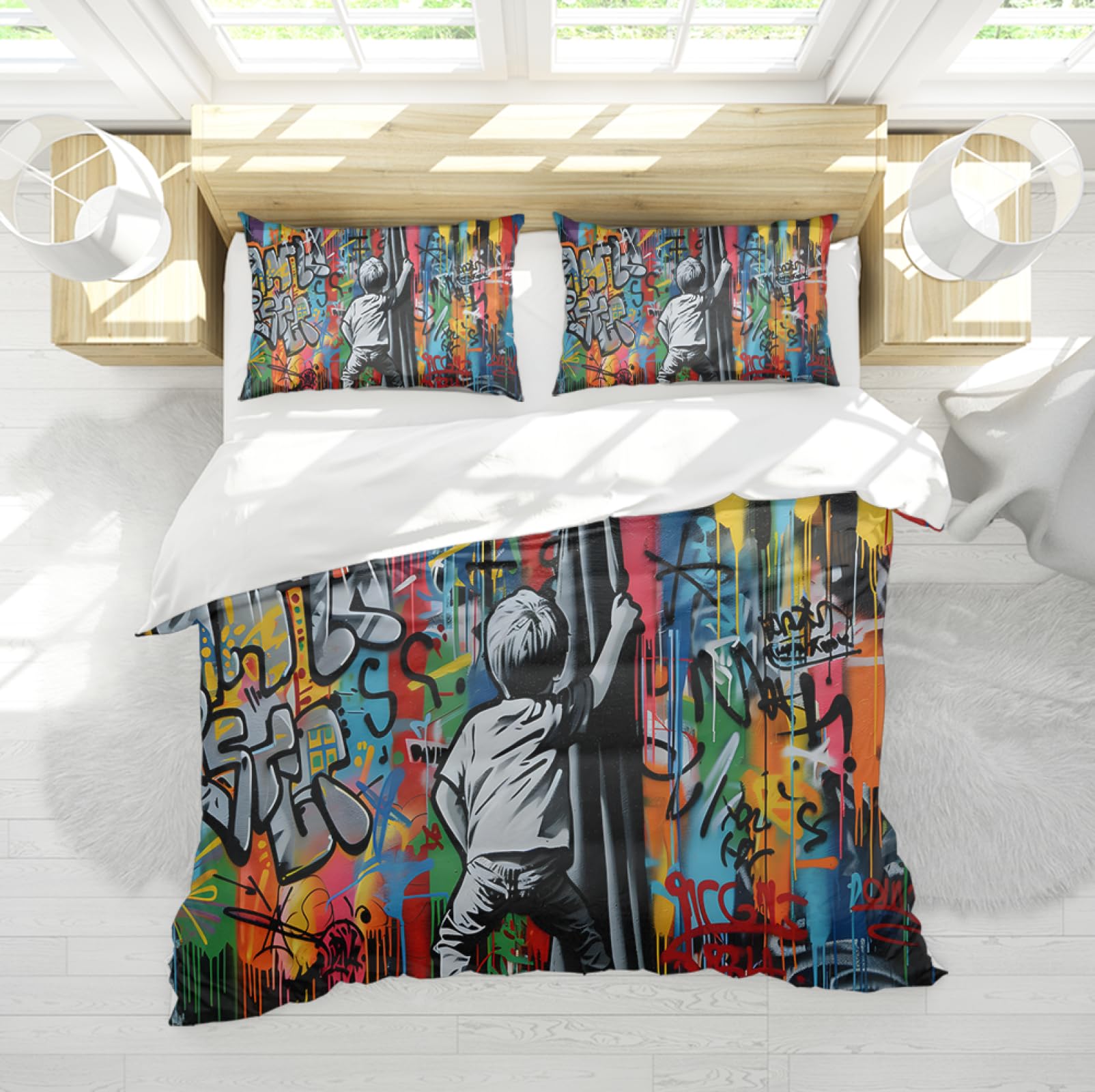 Colorido Estilo Graffiti Funda de Edredón Set 3 Piezas Lindo Niño Tirando de Las Cortinas Juego de Ropa de Cama con 2 Almohadas Shams Cremallera y 4 Lazos 140 x 220 cm
