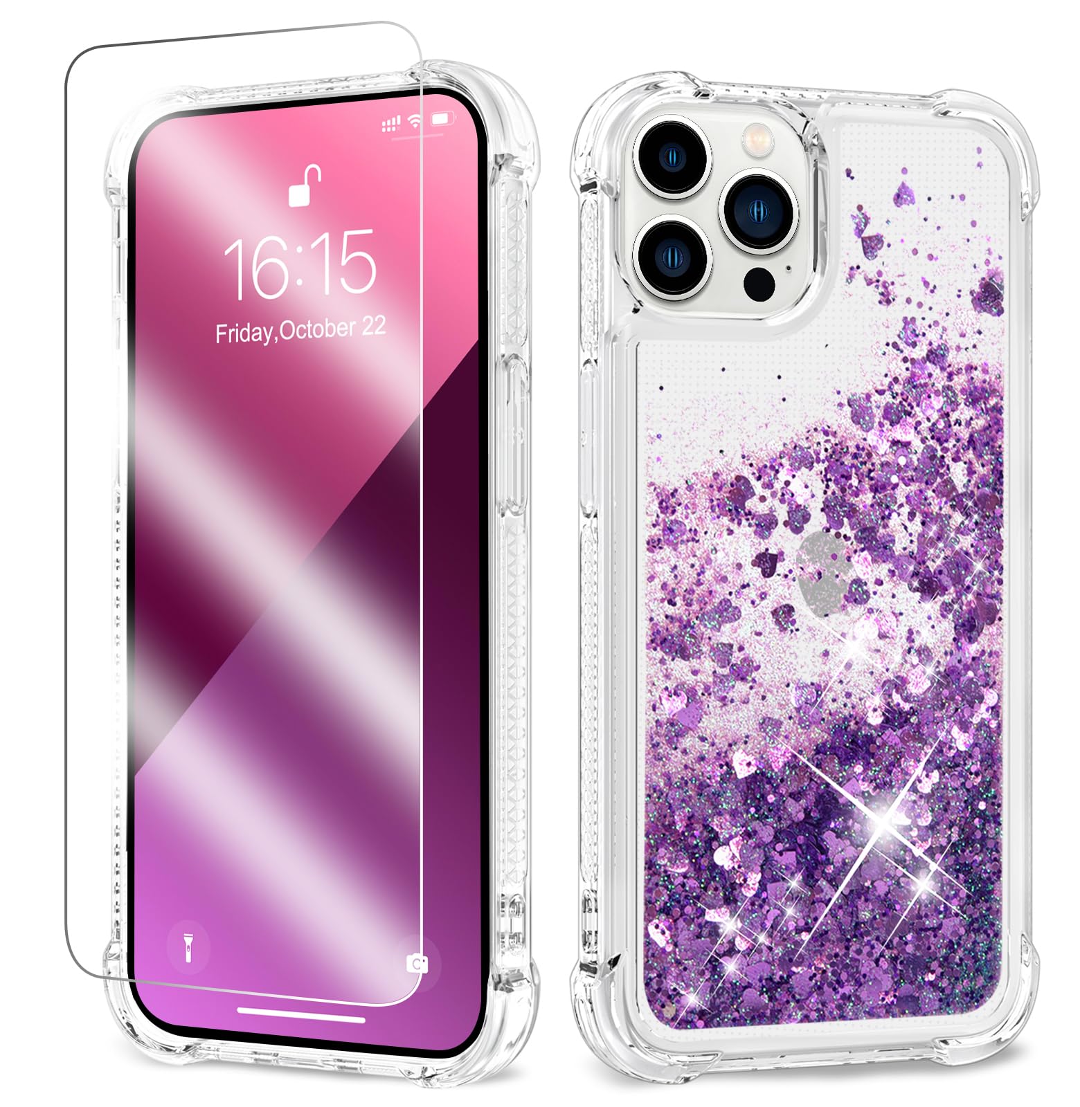 ANSHOW Case Glitter Compatible with iPhone 16 Pro, Shockproof Clear TPU Phone Case with One Screen Protector, Bling Glitters Case Compatible with