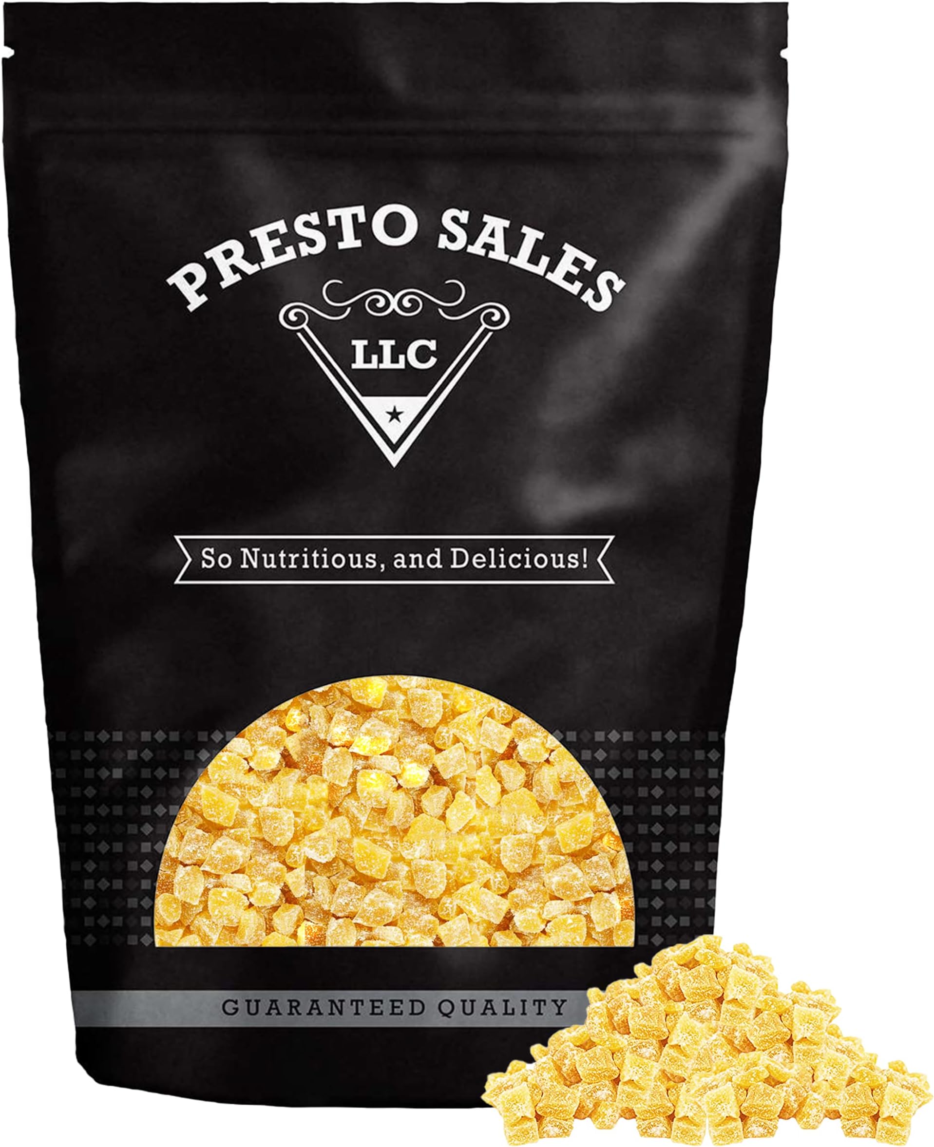 Presto Sales Ginger, Diced and Crystallized, Packed in 7 lbs. (112 oz.) Resealable Pouch Bag, 3-5mm Size, Candy Ginger, Yummy Rich Snack. Unsulphured, Flavorful, Party, Fruity, Sweet, Lovable LLC