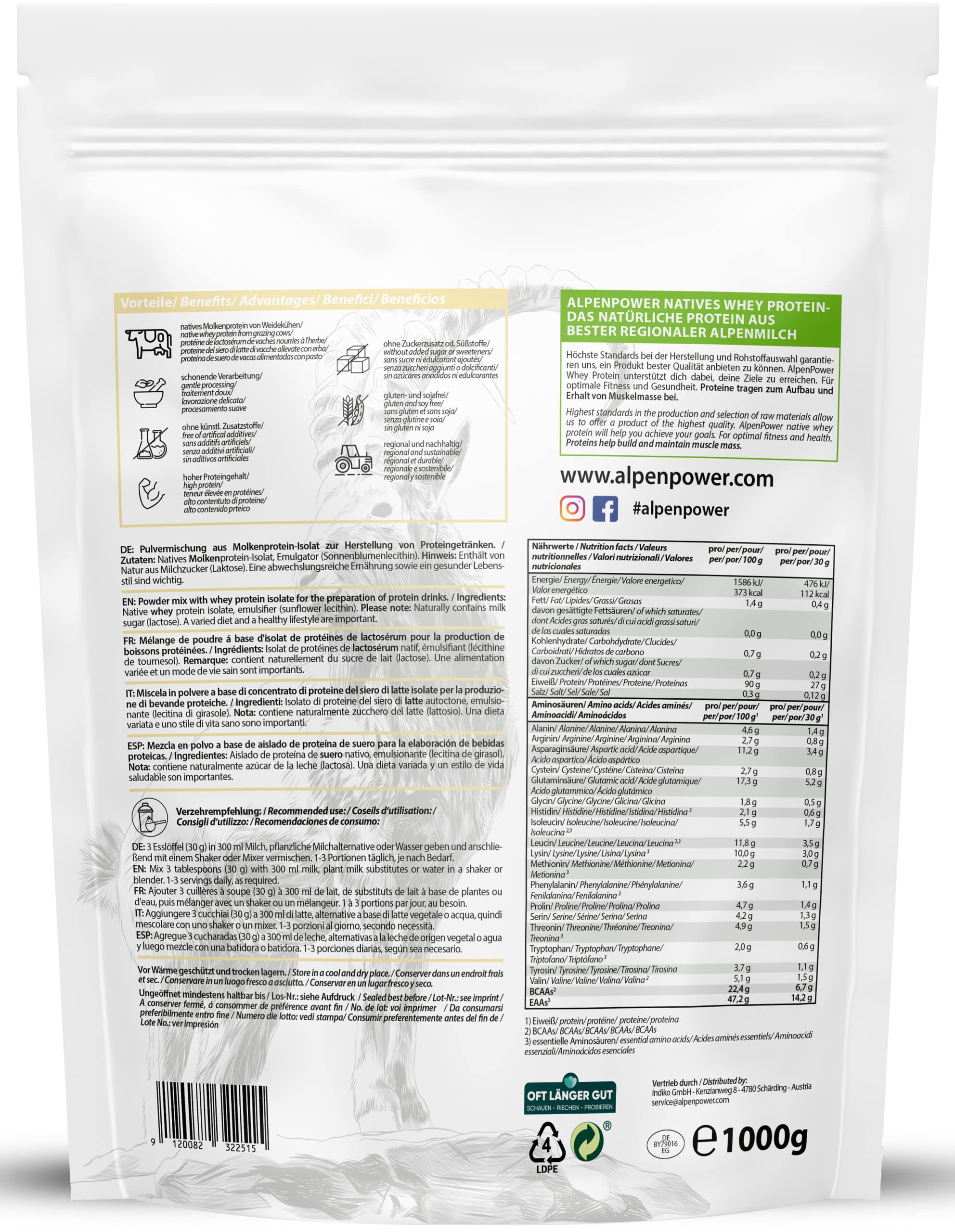 AlpenPower Proteína en polvo natural aislado de suero de leche, 1 kg, ingredientes 100% naturales, sin edulcorantes, alimentación de hierba, proteína en polvo de alta calidad de la mejor leche alpina