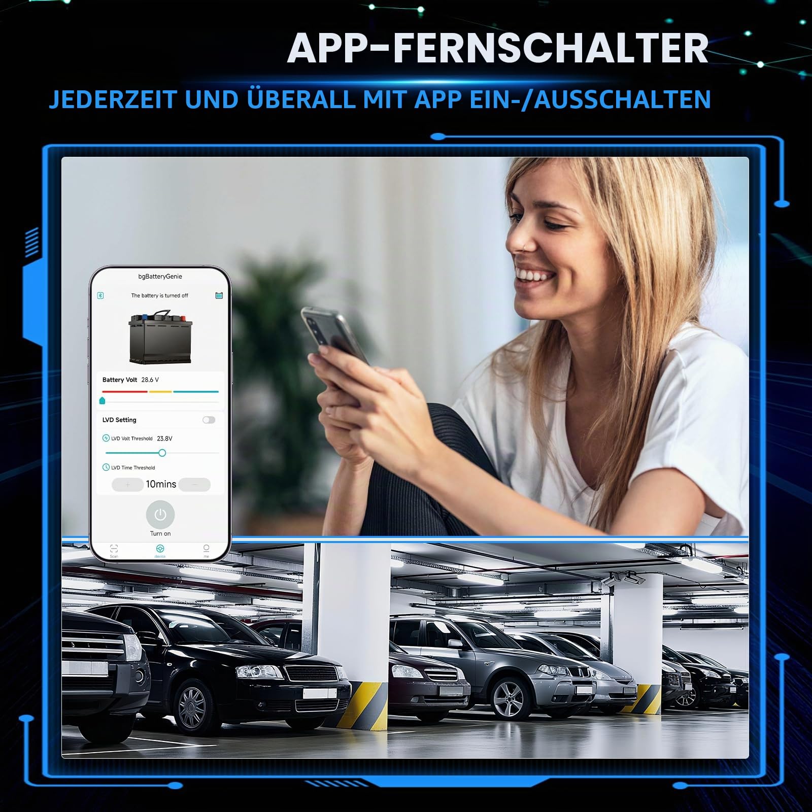 GEARMONSTER Drahtloser Ferngesteuerter Batterietrennschalter, 12V 240A, mit Led-Spannungsanzeige, App-gesteuert, Anti-Diebstahl, Batterie Kill Switch für Auto, Wohnmobil, ATV, LKW, Marine, Blau | Fernbedienung, Batterie Kill Switch, Bluetooth, Anti Diebst