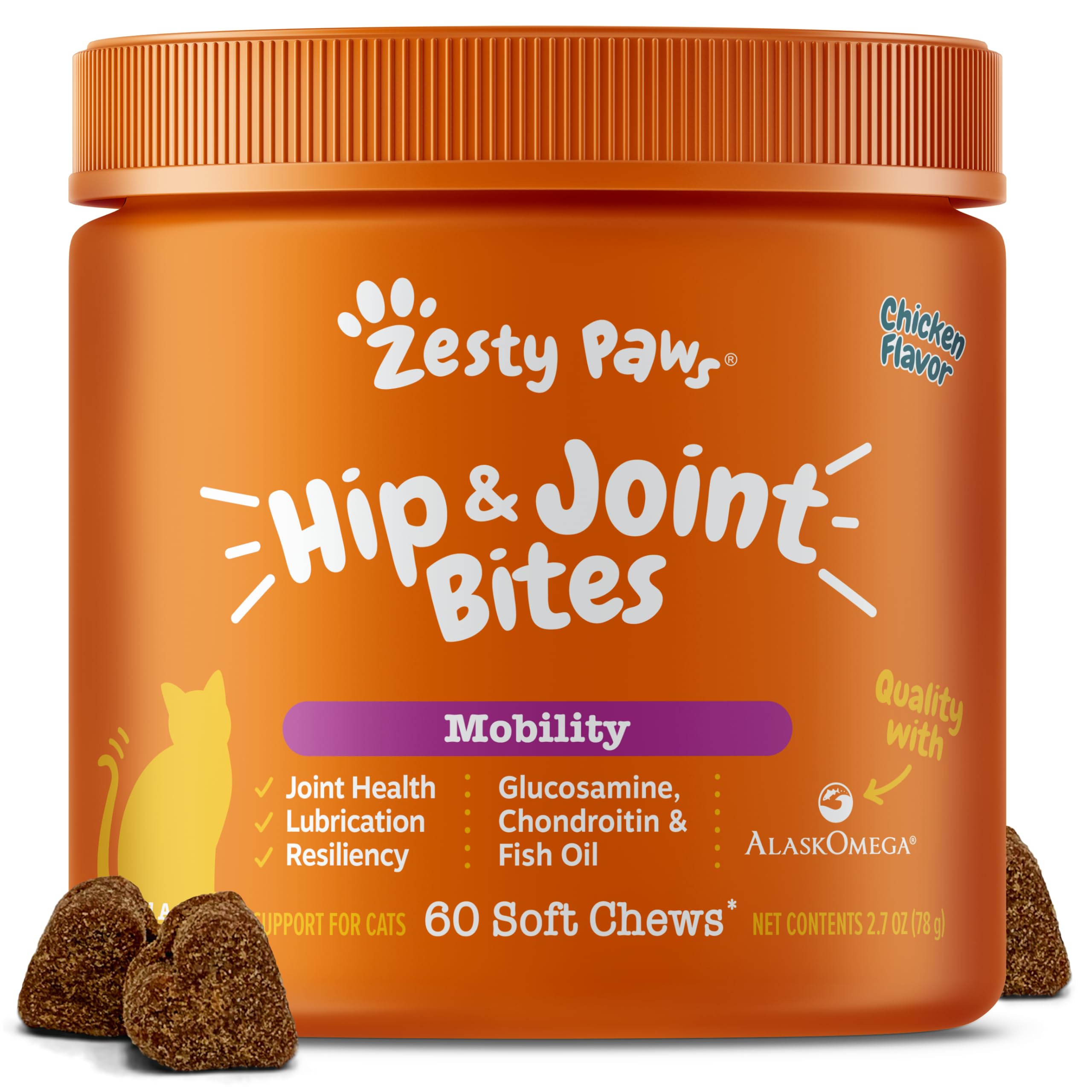 Zesty Paws Hip & Joint Bites for Cats - Glucosamine for Cats - with Chondroitin, Turmeric - Cat Joint Supplement for Hip & Joints - AlaskOmega Fish