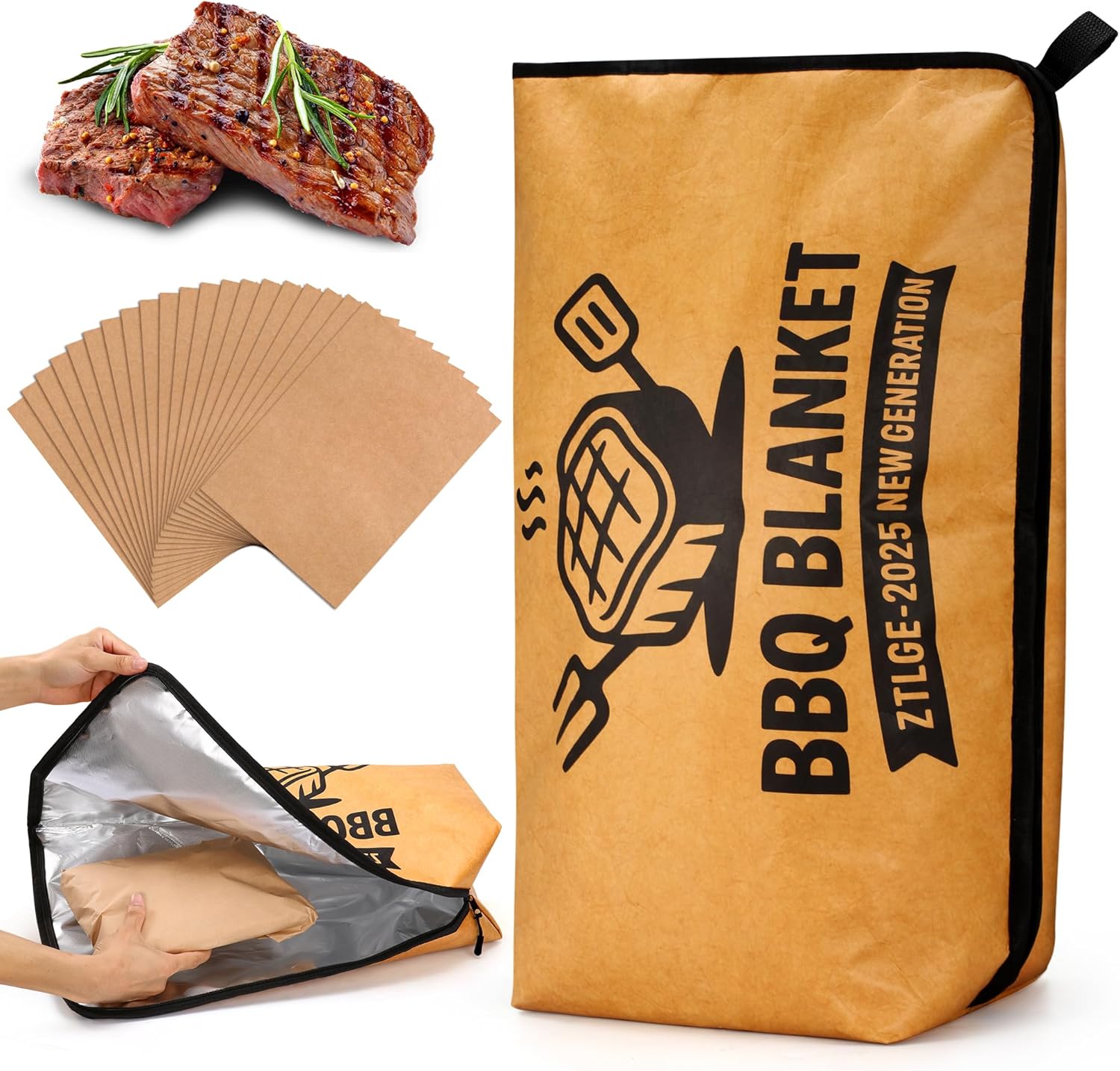 BBQ Blanket for Resting Meat - 21" Reusable Leakproof 5-Layer Insulated Smoker Bag with 20 Butcher Papers, Smoker Accessories & Birthday Gifts for Men (Turkey, Pork, Beef)