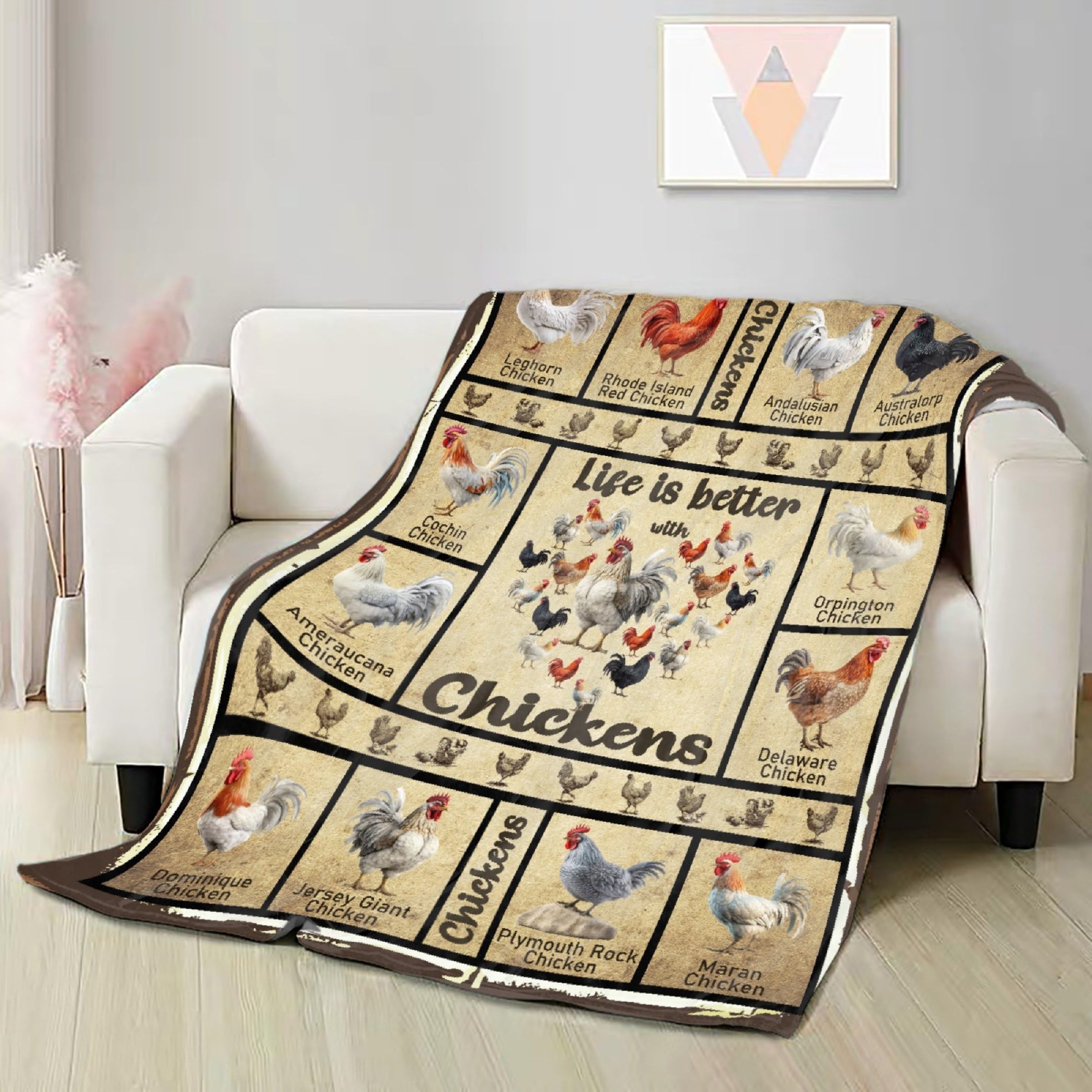 Vintage Chicken Blanket,Chicken Gifts for Chicken Lovers,Breeds of Chickens Print Throw,Soft Lightweight Flannel Quilt for Sofa Bedroom,60 x 50in for Teens