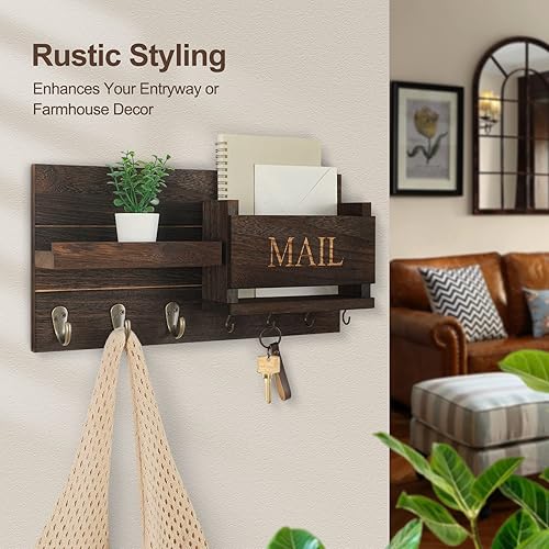 Miniatura 5 de Lwenki Organizador de correo para montaje en pared, llavero con estante, incluye soporte para cartas y ganchos para decoración de pasillo de granja,