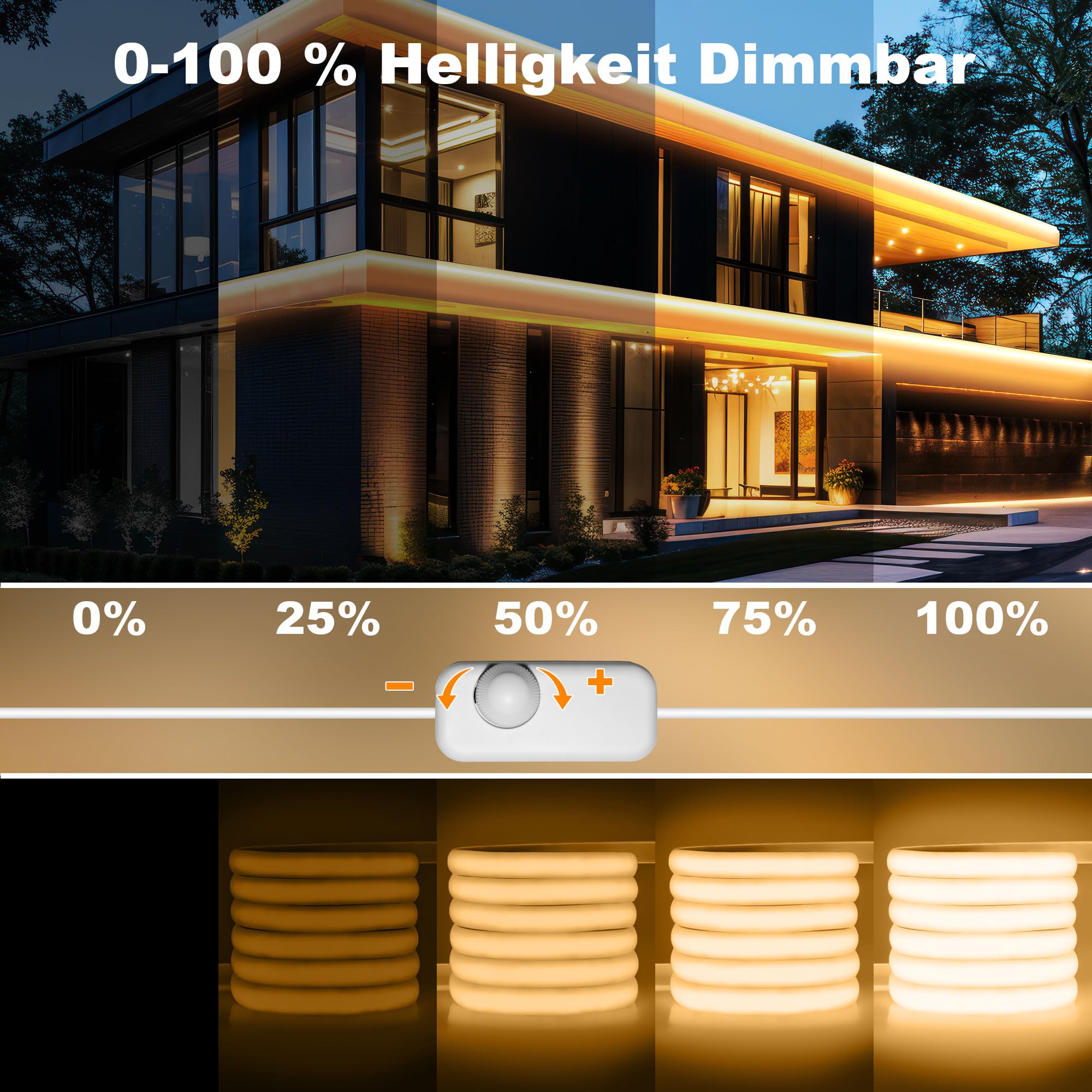 Gliztech IP67 Wasserdicht COB LED Streifen 20M 230V Direktstecker Warmweiss 2700K für Garten